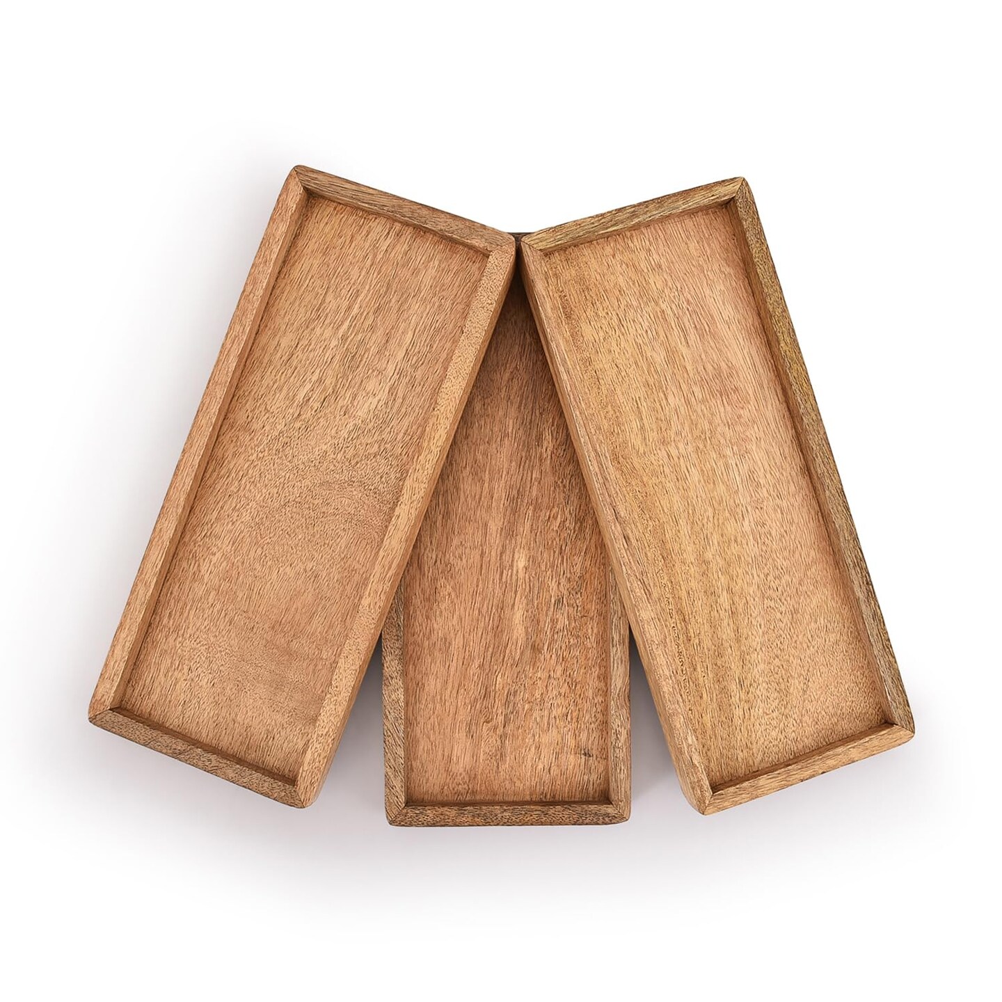 Mango Wood Serving Platter with Raised Edge -Set of 3 for Display Fruit Snacks Appetizer Sushi Food Decorative (12" x 5" x 0.75")