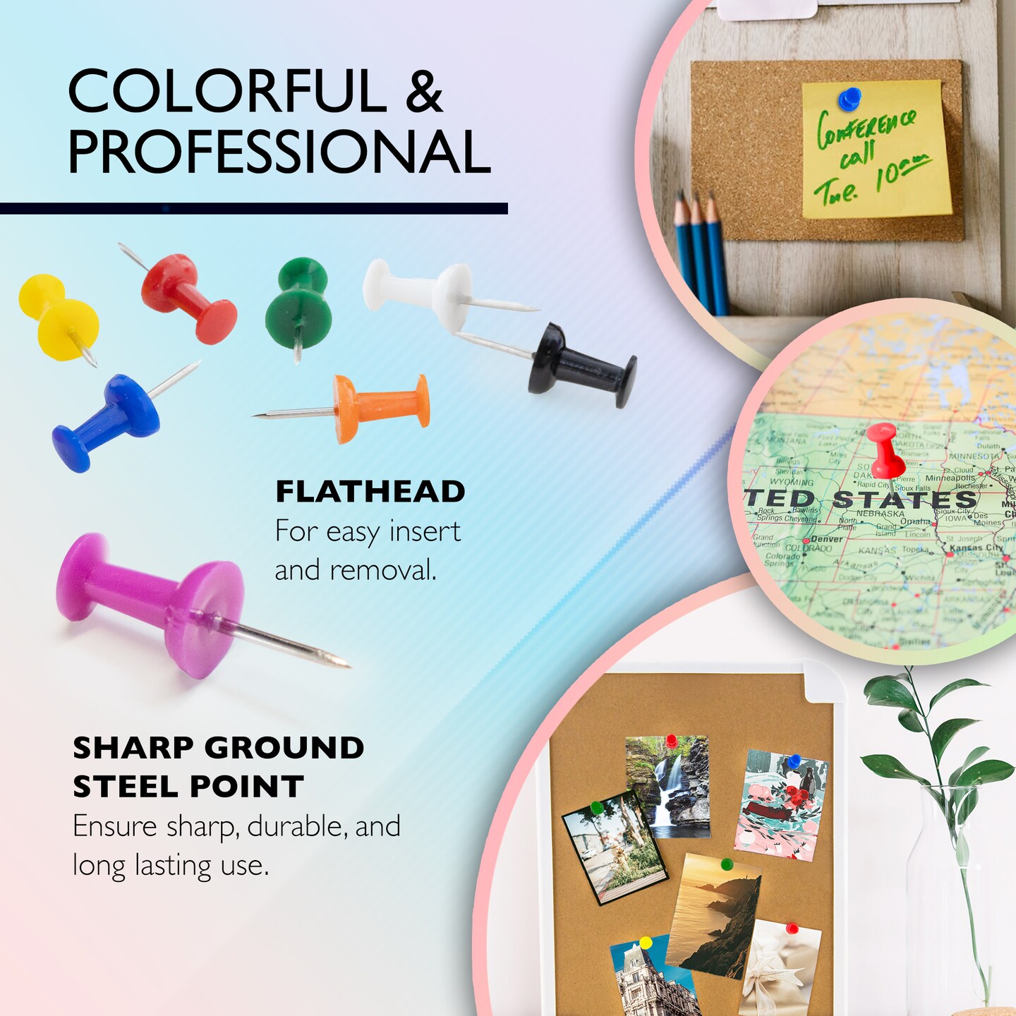 BAZIC Push Pins Assorted Color (100/Pack)