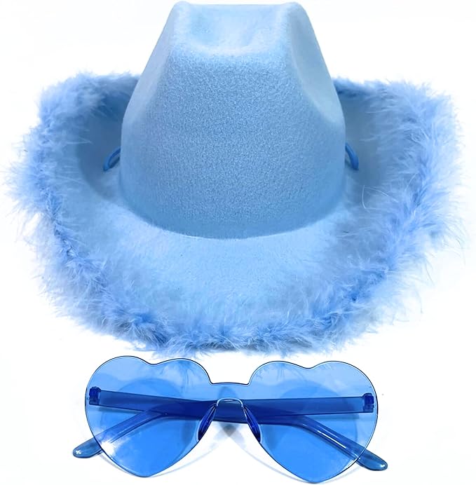 4E&#x2019;s Novelty Light Blue Cowboy Hat with Feathers &#x26; with Heart Shaped Glasses for Rodeo Parties &#x26; Dress Up Costumes