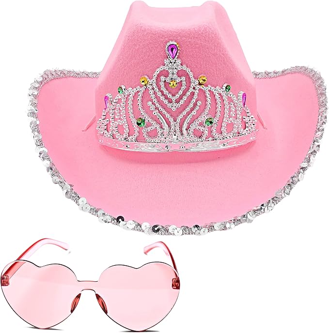 4E's Novelty Preppy Pink Cowboy Cowgirl Hat - Pink Cowgirl Hat Preppy with Sequin,Tiara & Heart Shaped Sunglasses