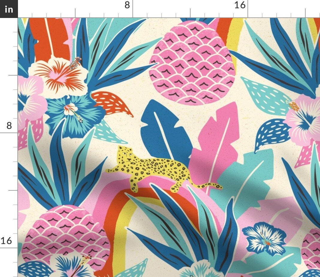 Maximalist Tropical Leopard Print Pink Pineapple Rainbow Hibiscus Animalier Jumbo Scale Custom Printed Fabric by Spoonflower Various Fabrics by the Yard or Fat Quarter