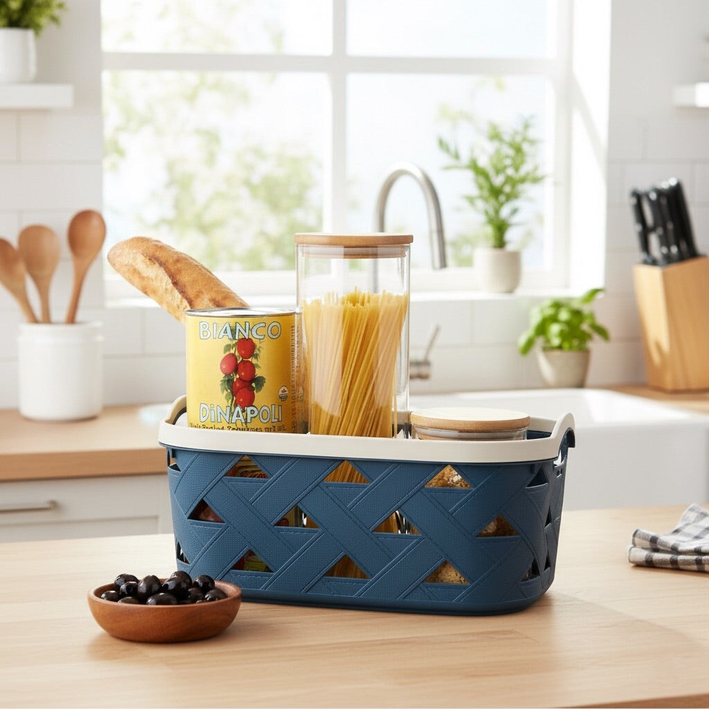 Organizing Essentials Large Plastic Storage Basket with Handles – Blue & Cream Decorative Bin for Bathroom, Kitchen, or Living Room – Designer Leather Pattern Organizer Basket, 10.6L