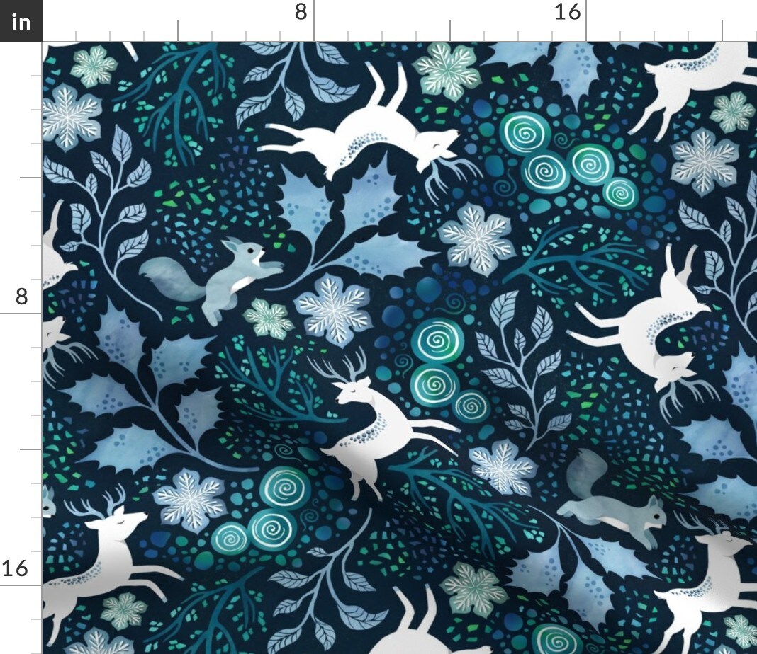 Woodland Animals Snow Winter Festive Deer Squirrel Branch Leaves Snowflakes Blue Green Non Directional Custom Printed Fabric by Spoonflower Various Fabrics by the Yard or Fat Quarter