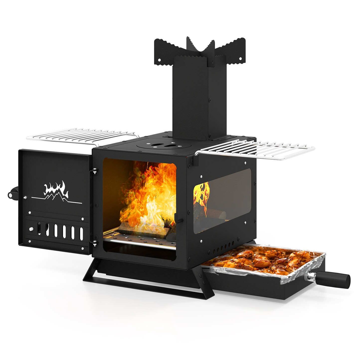 Portable Wood Burning Stove with Oven & Side Grills Outdoor Camping Cooking Stove for Backyard Use