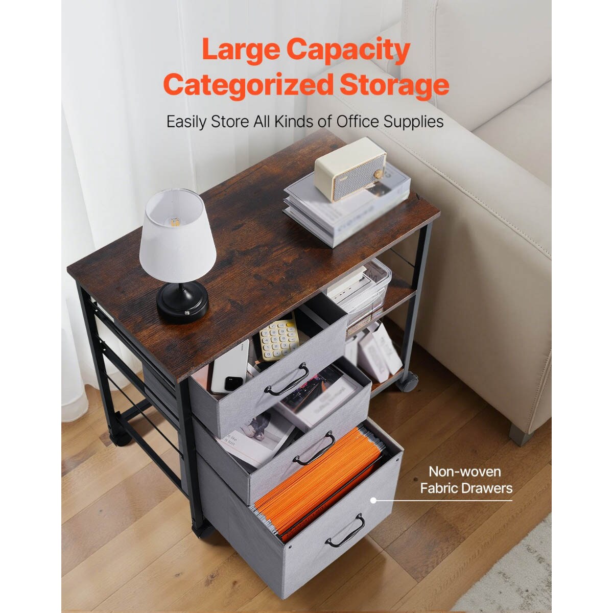 Mobile Metal File Cabinet with 3 Fabric Drawers and 2 Shelves Wooden Storage with Wheels