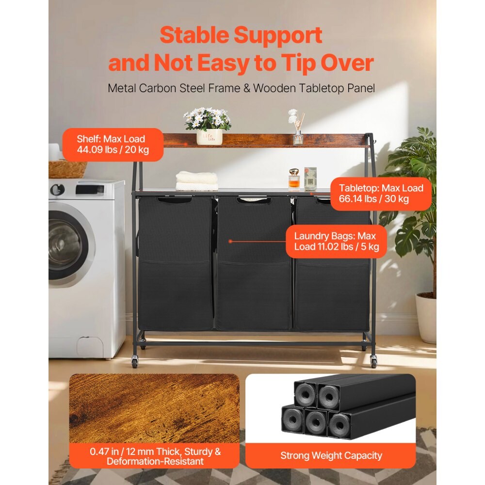 Black 600D Oxford Fabric Section Laundry Sorter with Wheels, Hooks and Tabletop