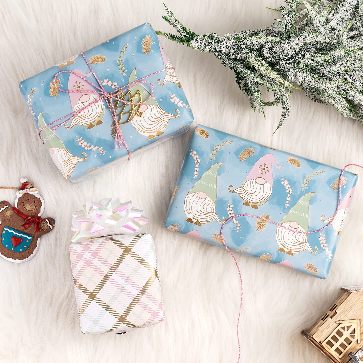 Reversible Christmas Wrapping Paper - Mini Roll - 17 Inch x 33 Feet - Blue Purple Gnome and Plaid Design with Metallic Foil Shine for Holiday, Party, Celebration