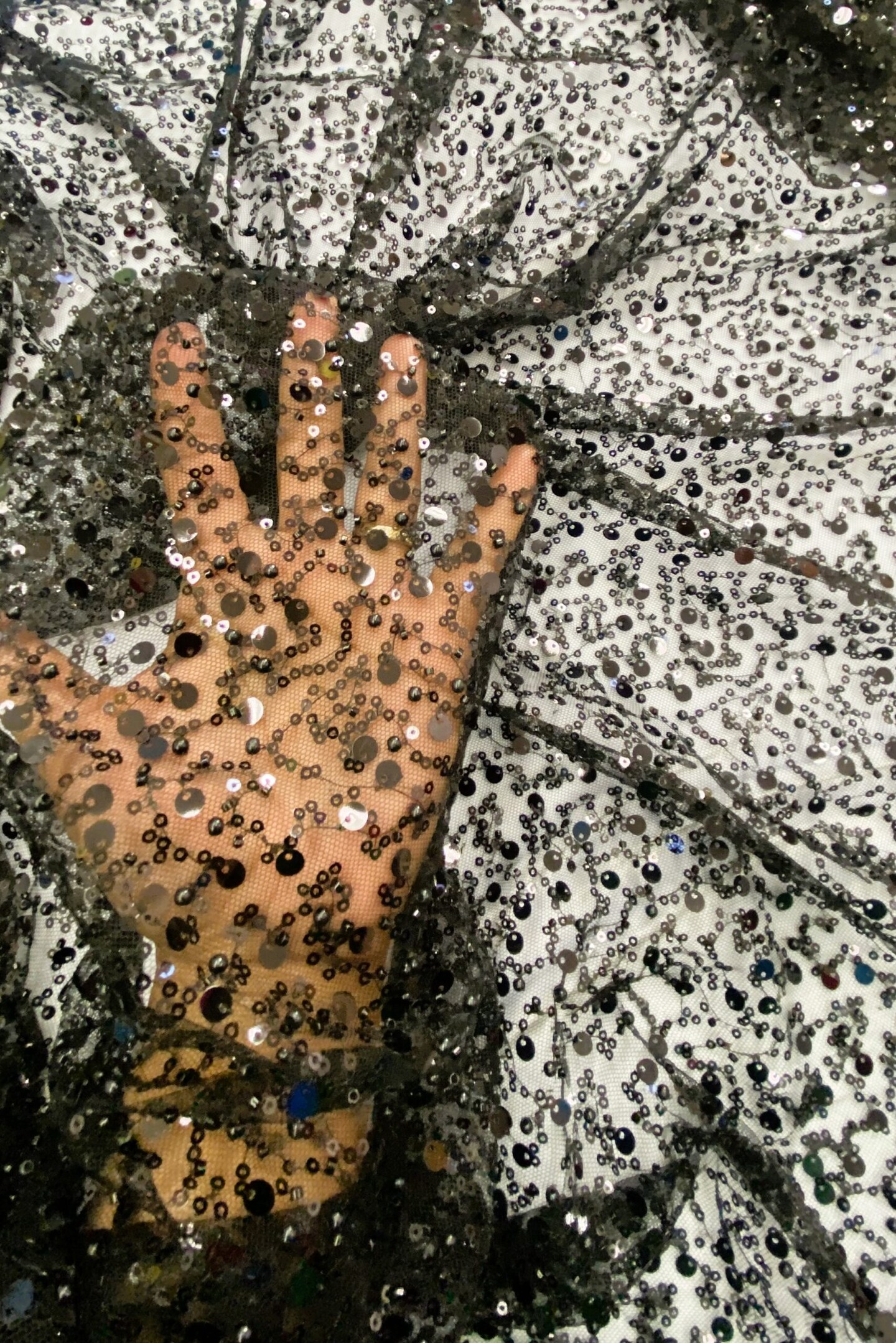 1 Yard Black Mesh Lace Fabric With Sequins Beads Pearls For Dresses And Gowns