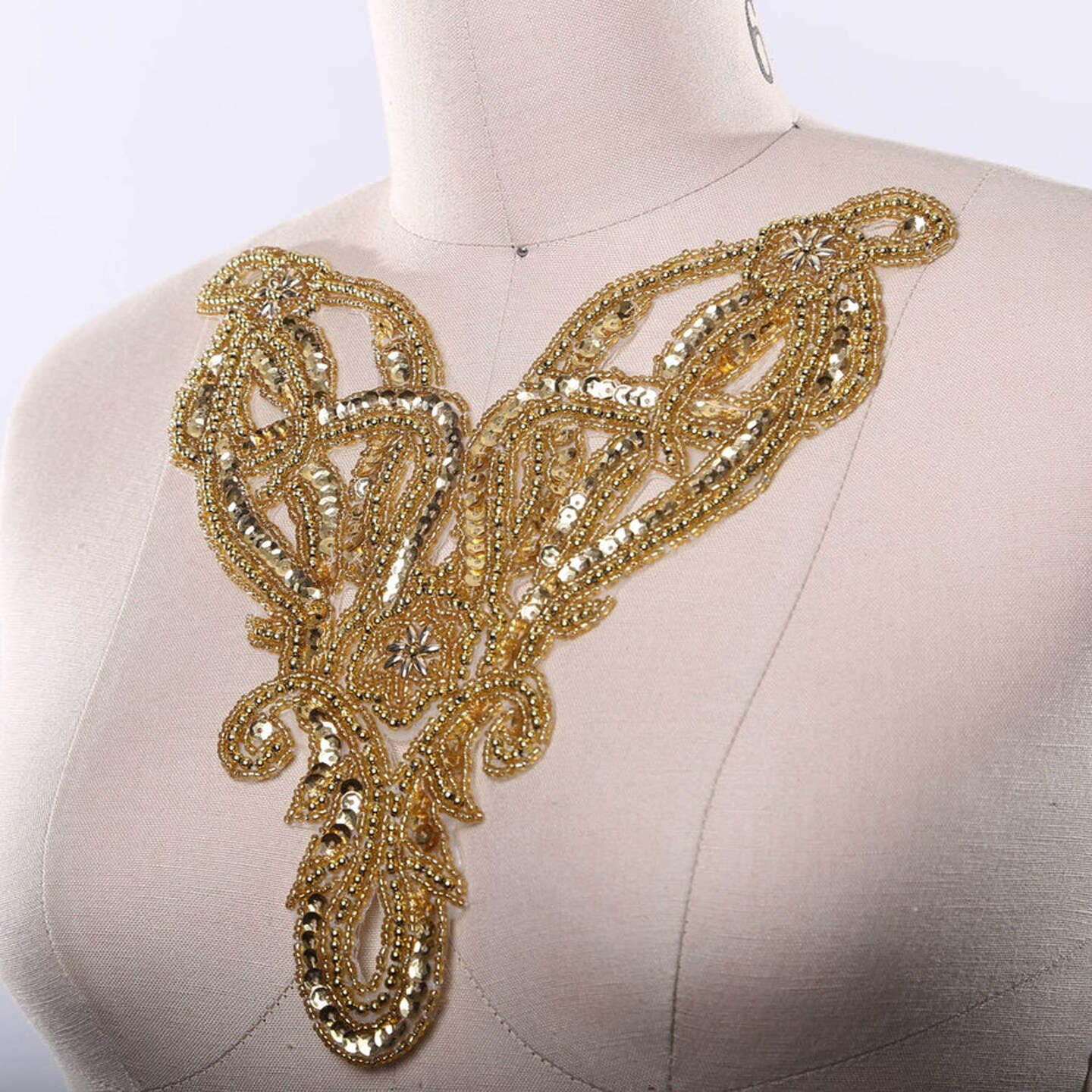 10&#x22; Diagonally Gold Beaded Sequin Neckline Applique for Costumes Gowns Dresses or DIY Decor