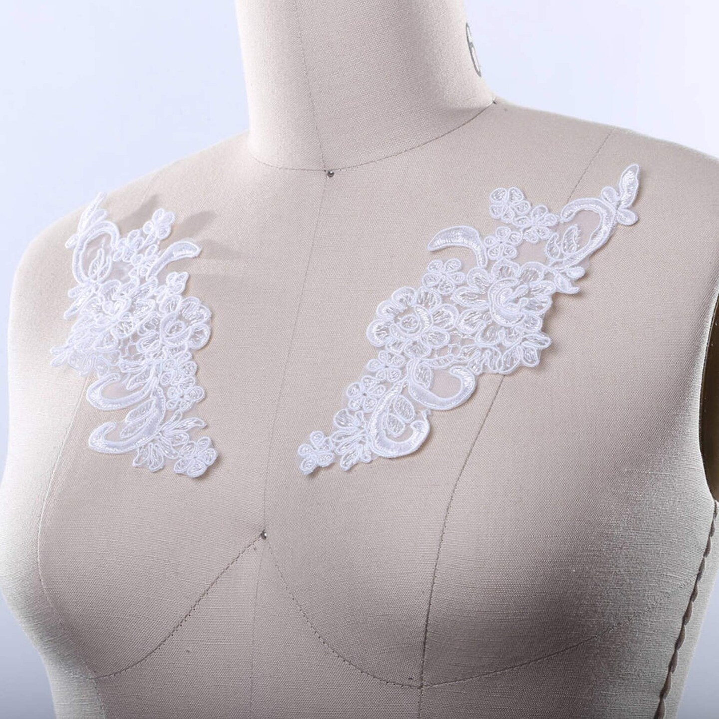 2 Pieces Small 7.25x3 White Alencon Lace Patch Applique Flowers Swirls