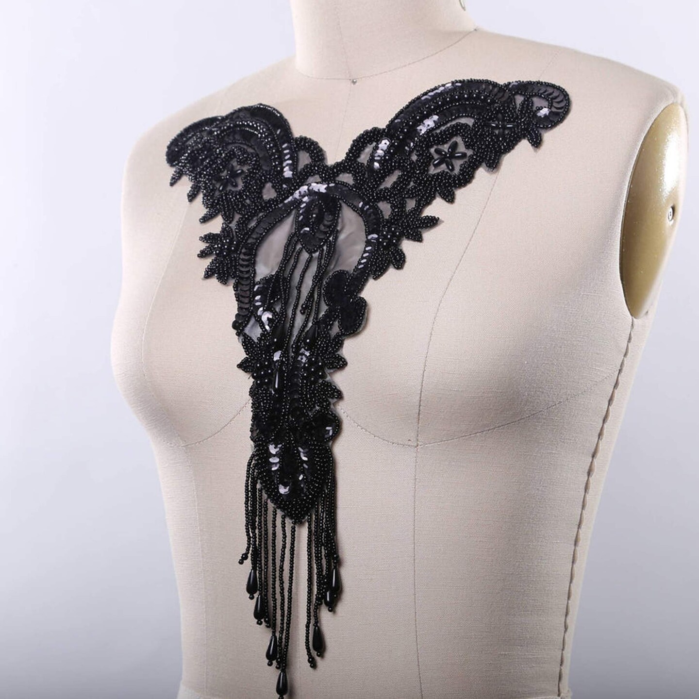 Black Beaded Sweetheart Shape Applique with Sequins and Iron On Fringe Patch