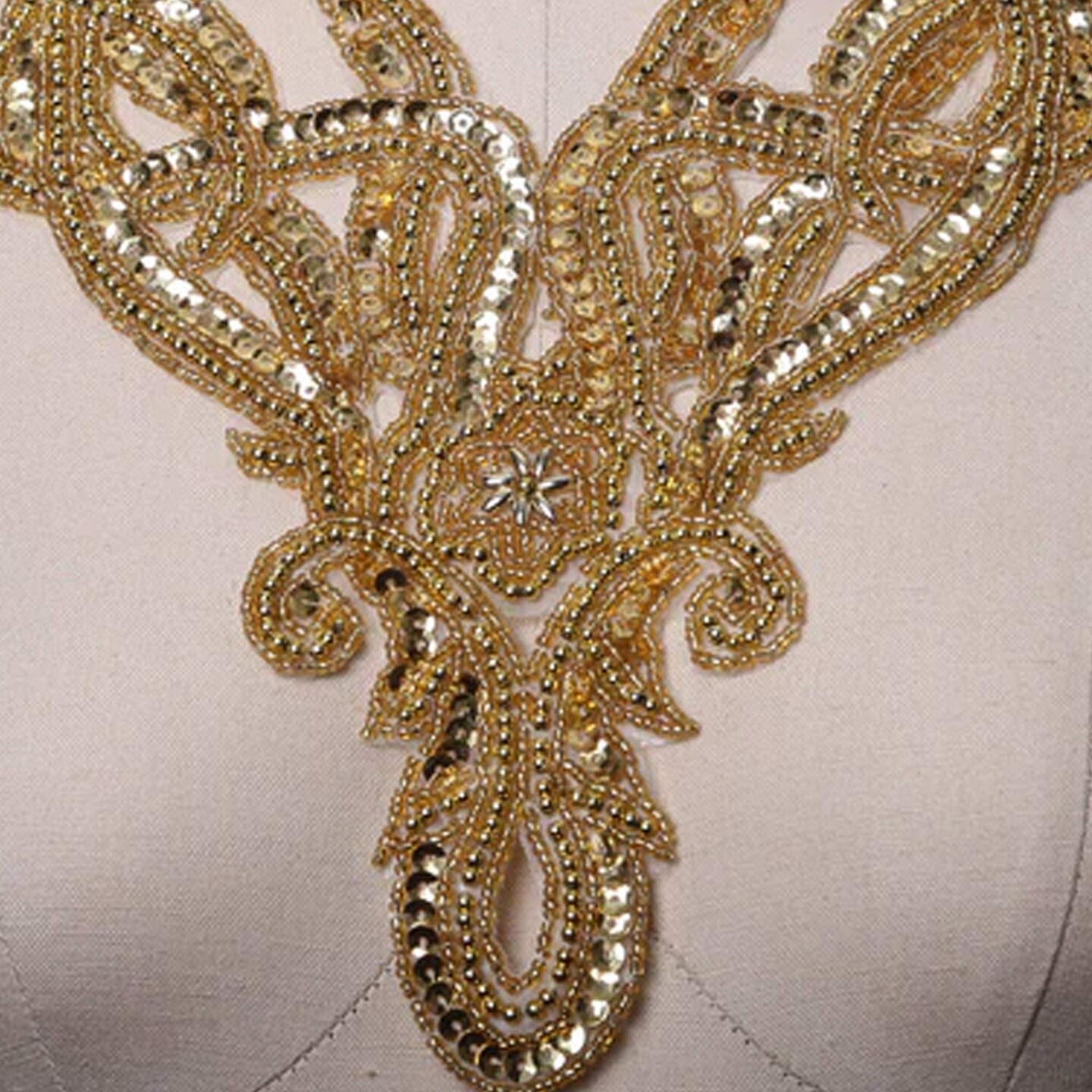10&#x22; Diagonally Gold Beaded Sequin Neckline Applique for Costumes Gowns Dresses or DIY Decor