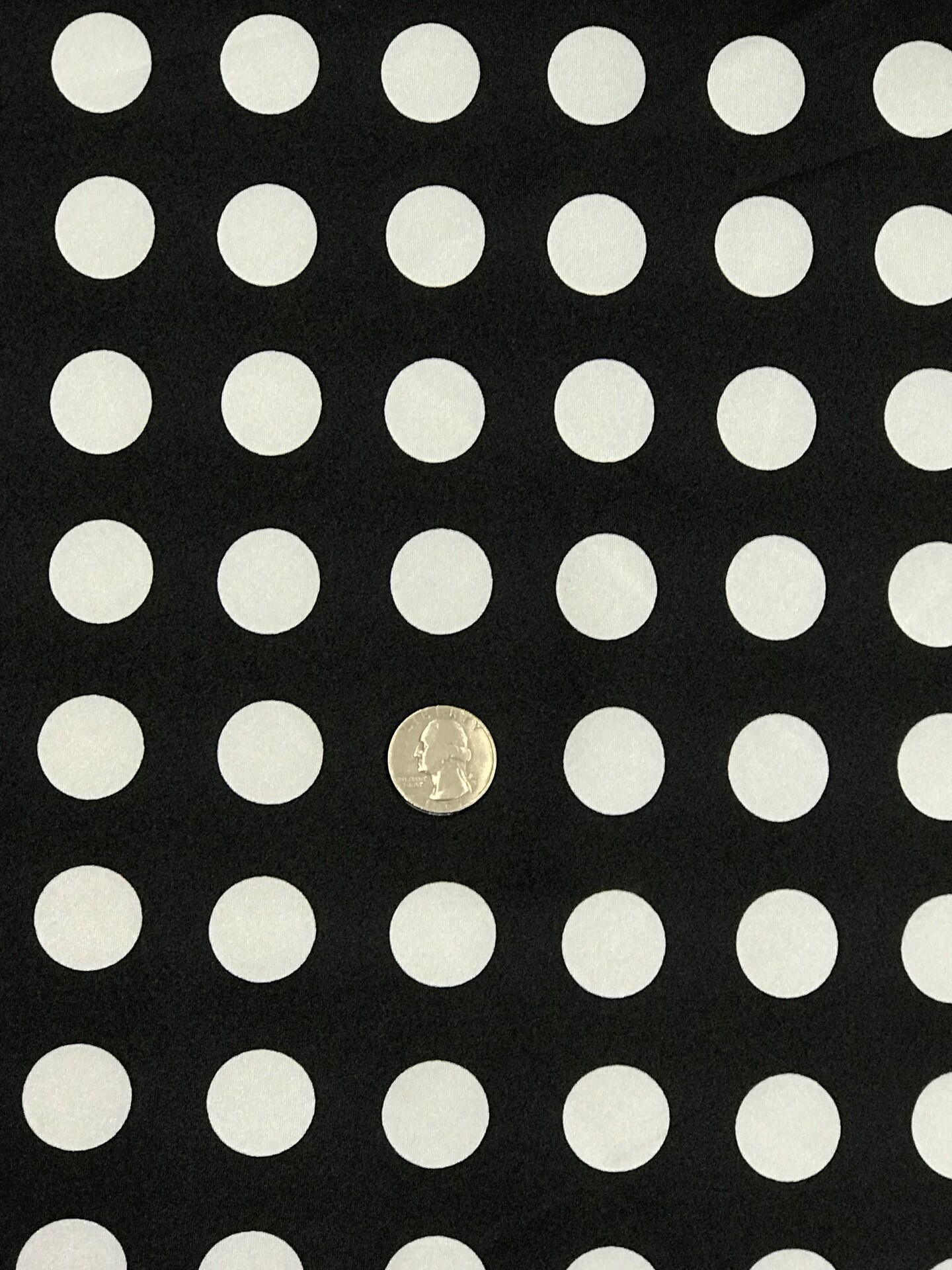 1 Yard White Polka Dot Satin Fabric Black Background Lightweight Shiny Polyester Quarter Size Dots 59/60 Inches Width