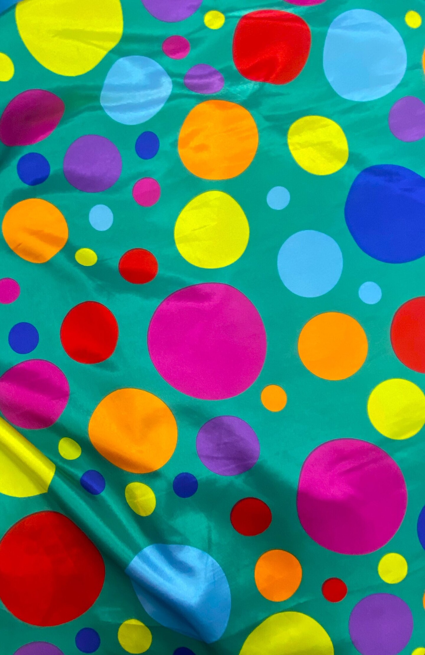 1 Yard Multicolor Polka Dot Satin Fabric Jade Background Lightweight Semi Shiny Polyester 58 Inch Width