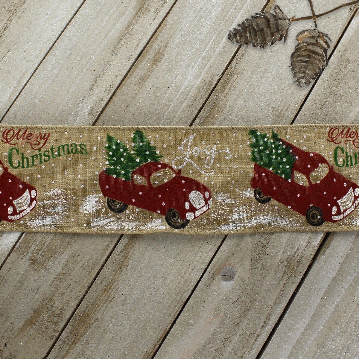 2 1/2&#x22; Wired Ribbon Holiday Red Truck Natural - 10 Yards