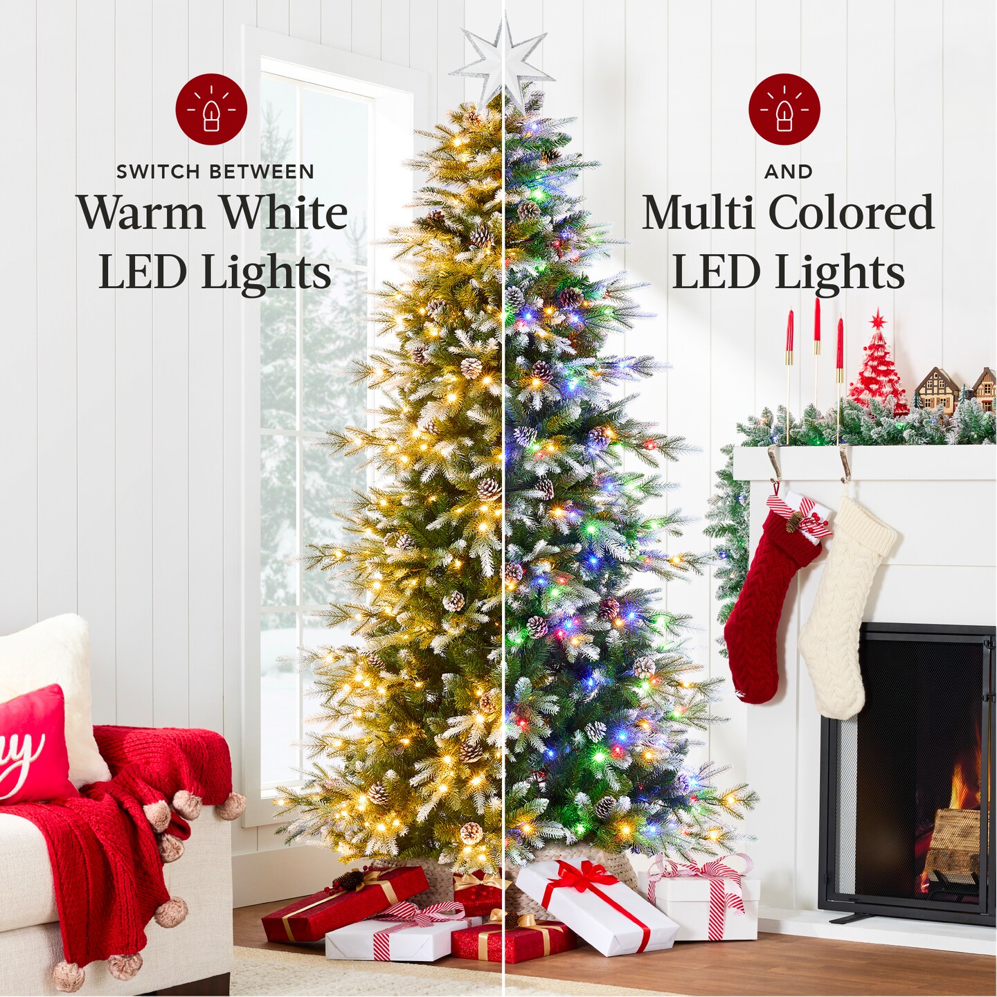 Best Choice Products Pre-Lit Artificial Flocked Slim Aspen Noble Fir Christmas Tree w/ Branch Tips, LED Lights