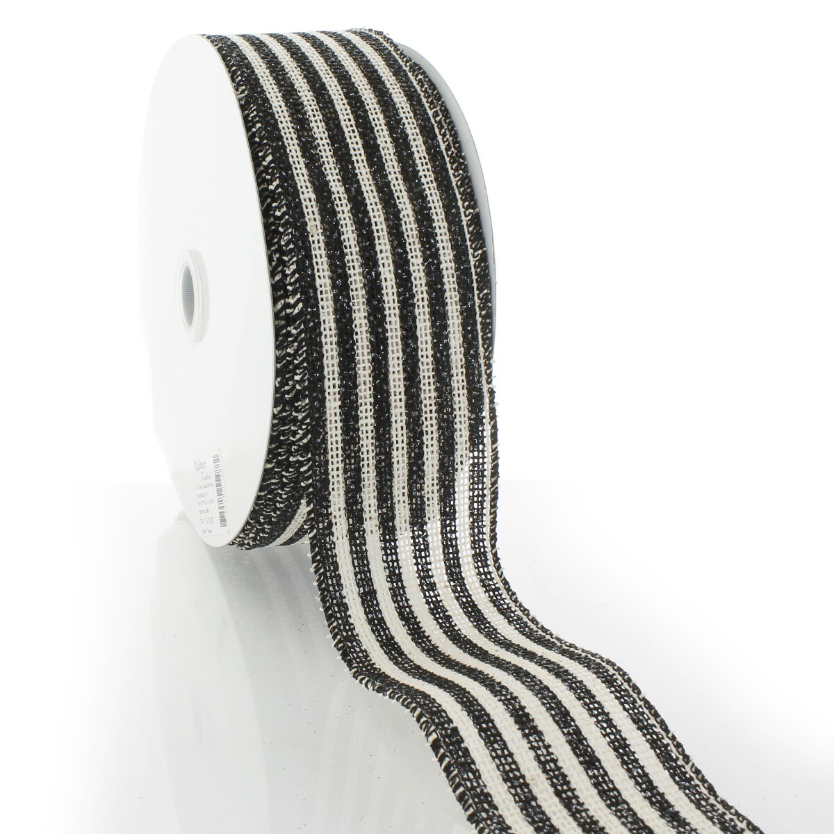 2 1/2&#x22; Wired Ribbon Black/Off-White Narrow Farmhouse Stripes Burlap - 10 Yards