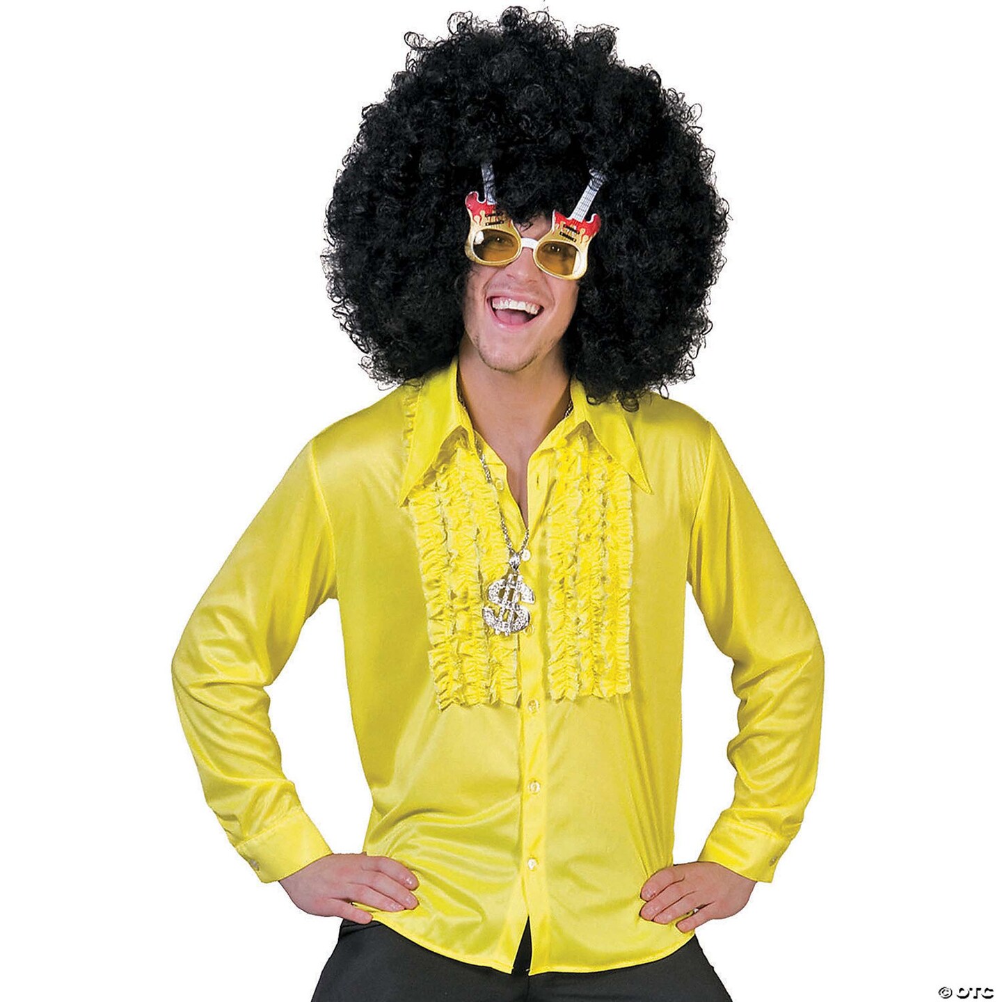Adult 70's Shirt Yellow Disco Costume With Ruffle Front And Wide Collar