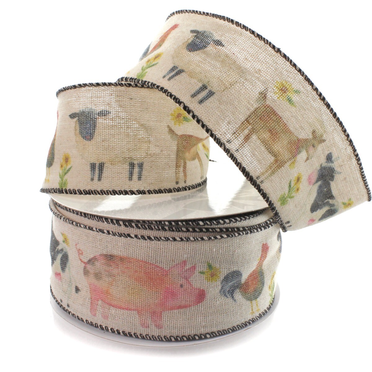 2 1/2&#x22; Wired Ribbon Farm Animals Burlap 10 Yards