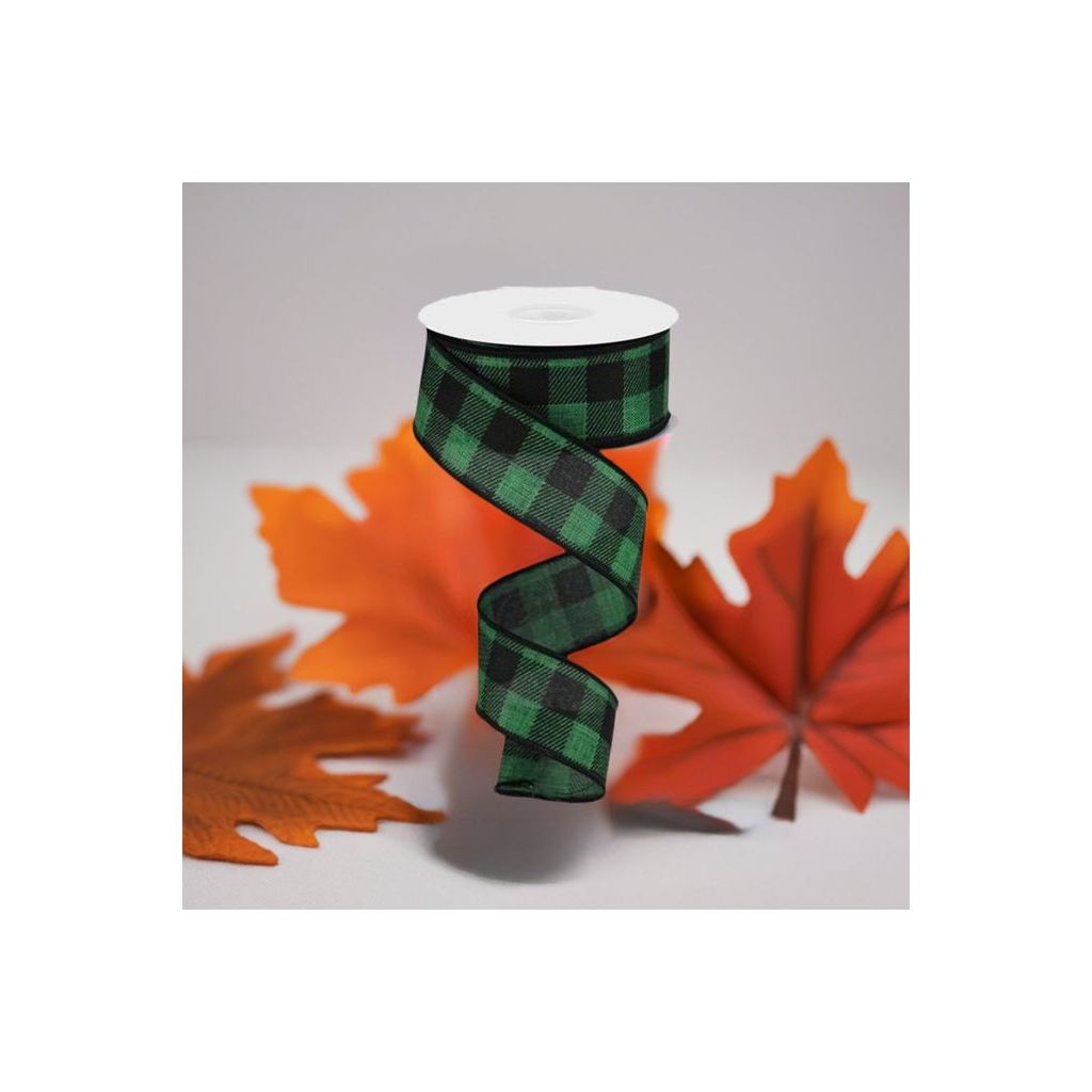 1.5&#x22; Printed Plaid Check Ribbon: Emerald Green (10 Yards)