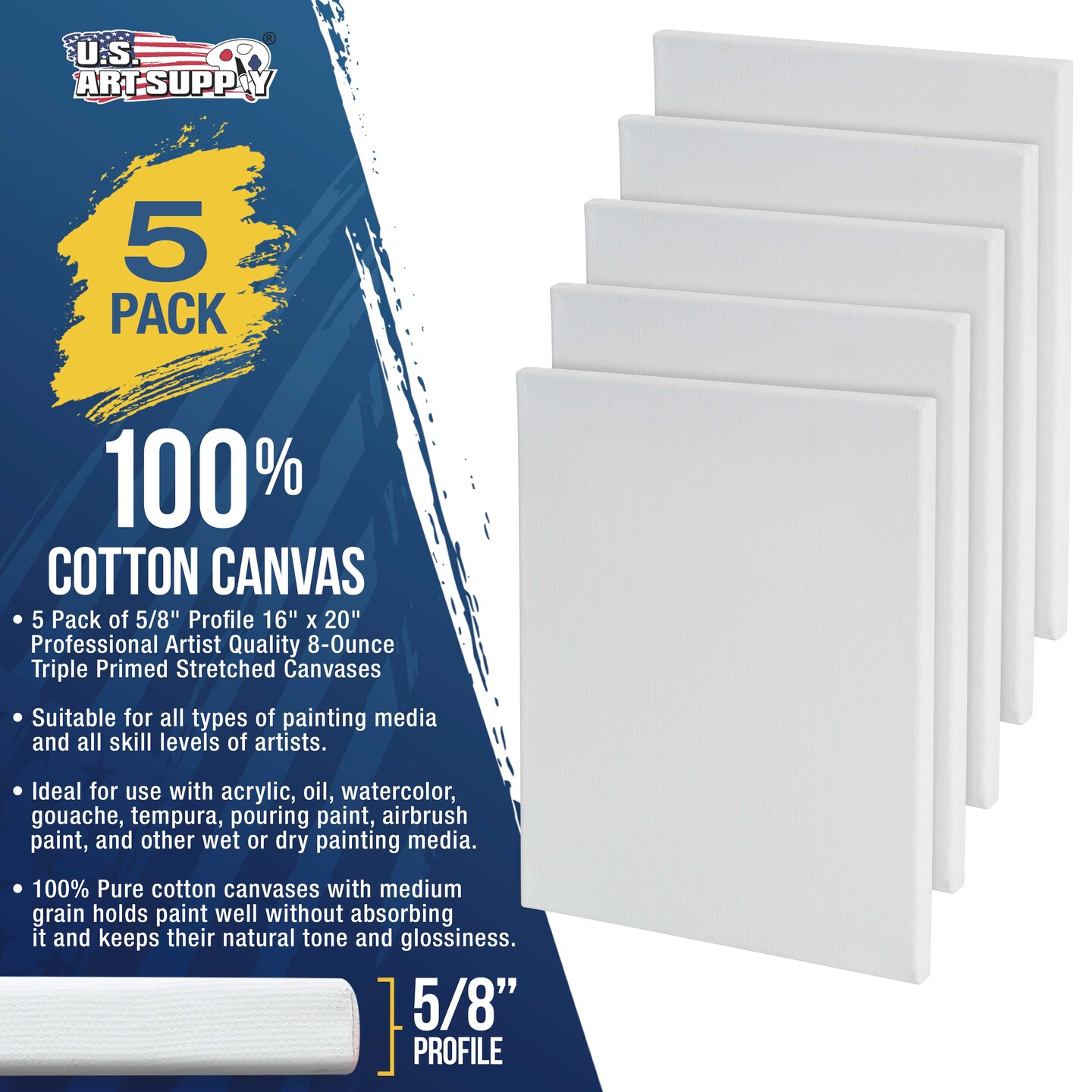 16 x 20 inch Stretched Canvas Super Value 5-Pack - Triple Primed Professional Artist Quality White Blank 5/8&#x22; Profile, 100% Cotton, Heavy-Weight Gesso