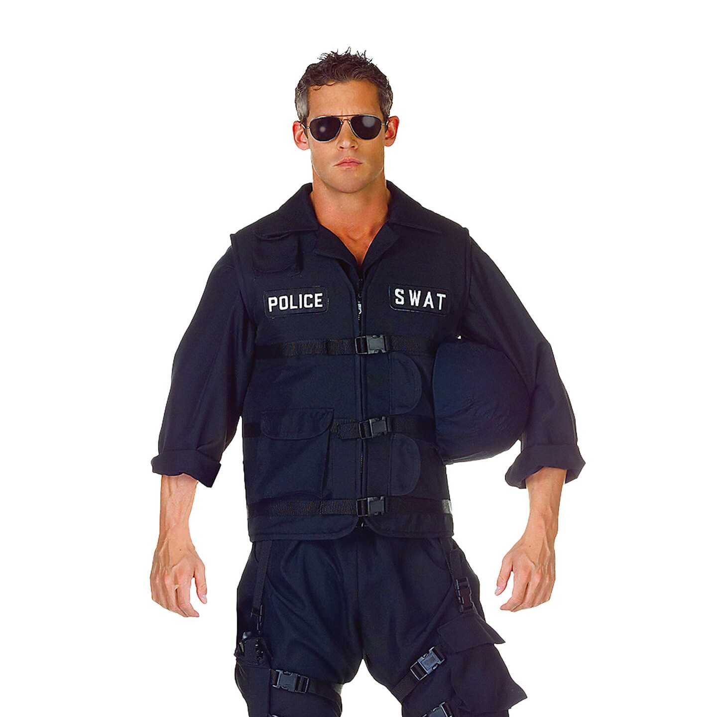 Men&#x27;s SWAT Team Costume with Jumpsuit Vest Holster and Helmet for Halloween