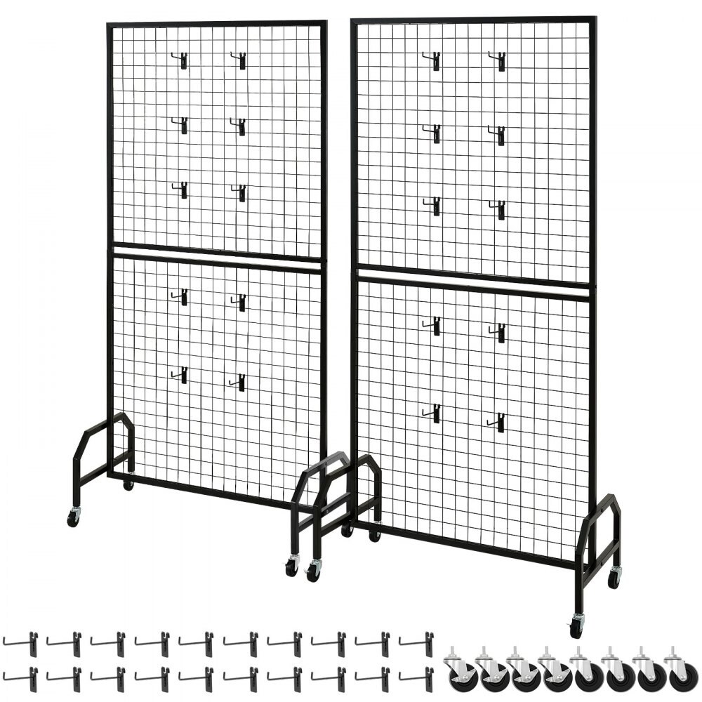 2-Pack Black Metal Grid Wall Organizer with Casters Heavy Duty Steel Panel for Retail or Home