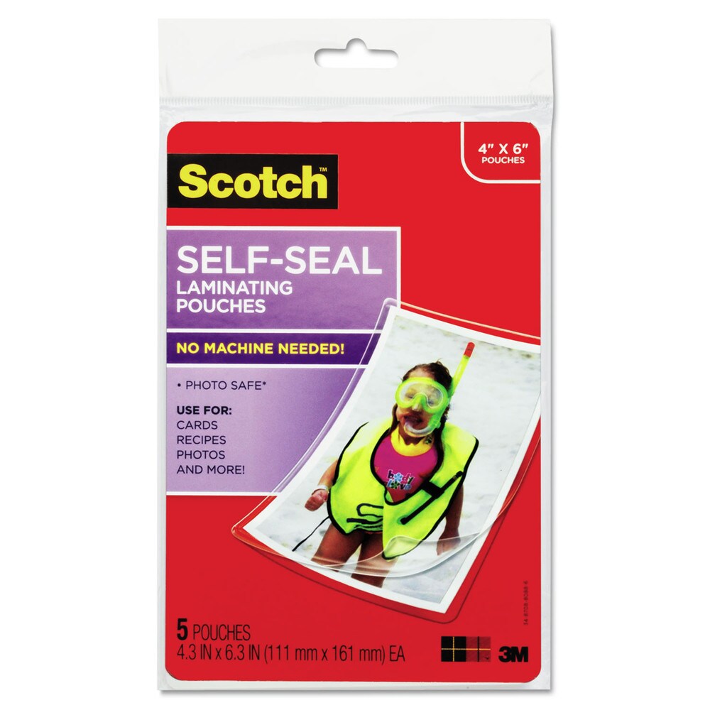 Scotch 4.38 in. x 6.38 in. 9.5 mil Self-Sealing Laminating Pouches - Gloss Clear (5/Pack)