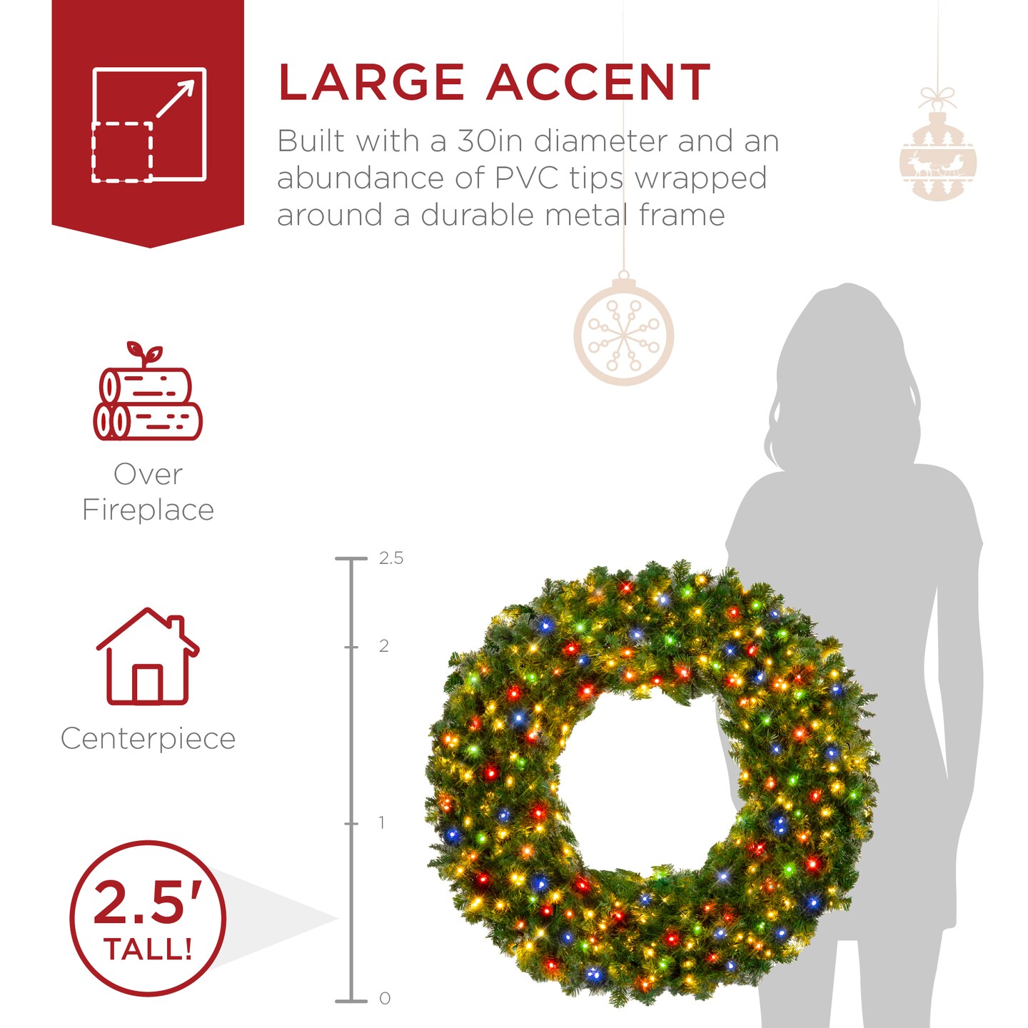 Best Choice Products Artificial Pre-Lit Fir Christmas Wreath Decoration w/ Multicolor Lights, Tips