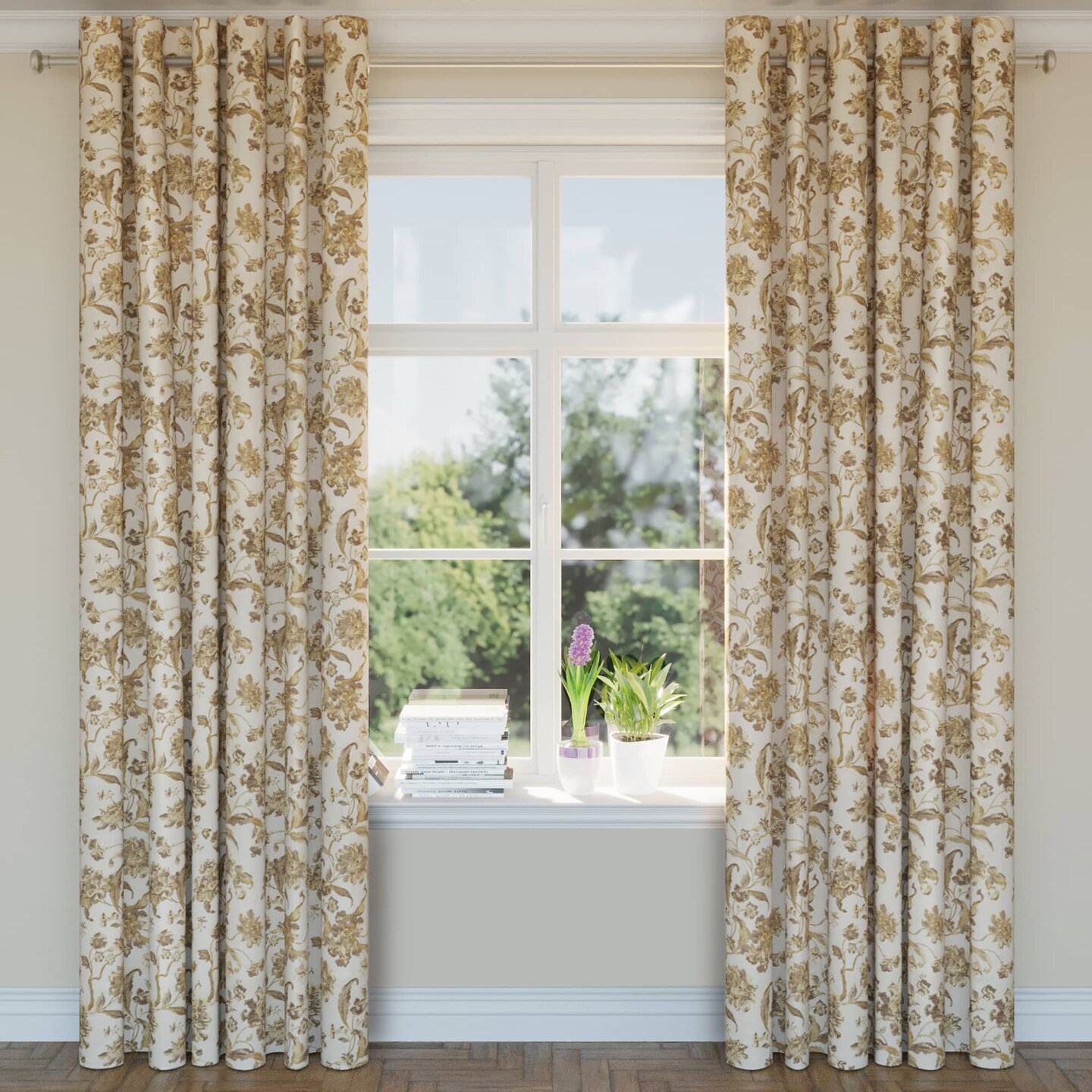 Champagne Cecile - Beige & Taupe,Gold & Yellow Floral Upholstery Fabric 54 Inches"