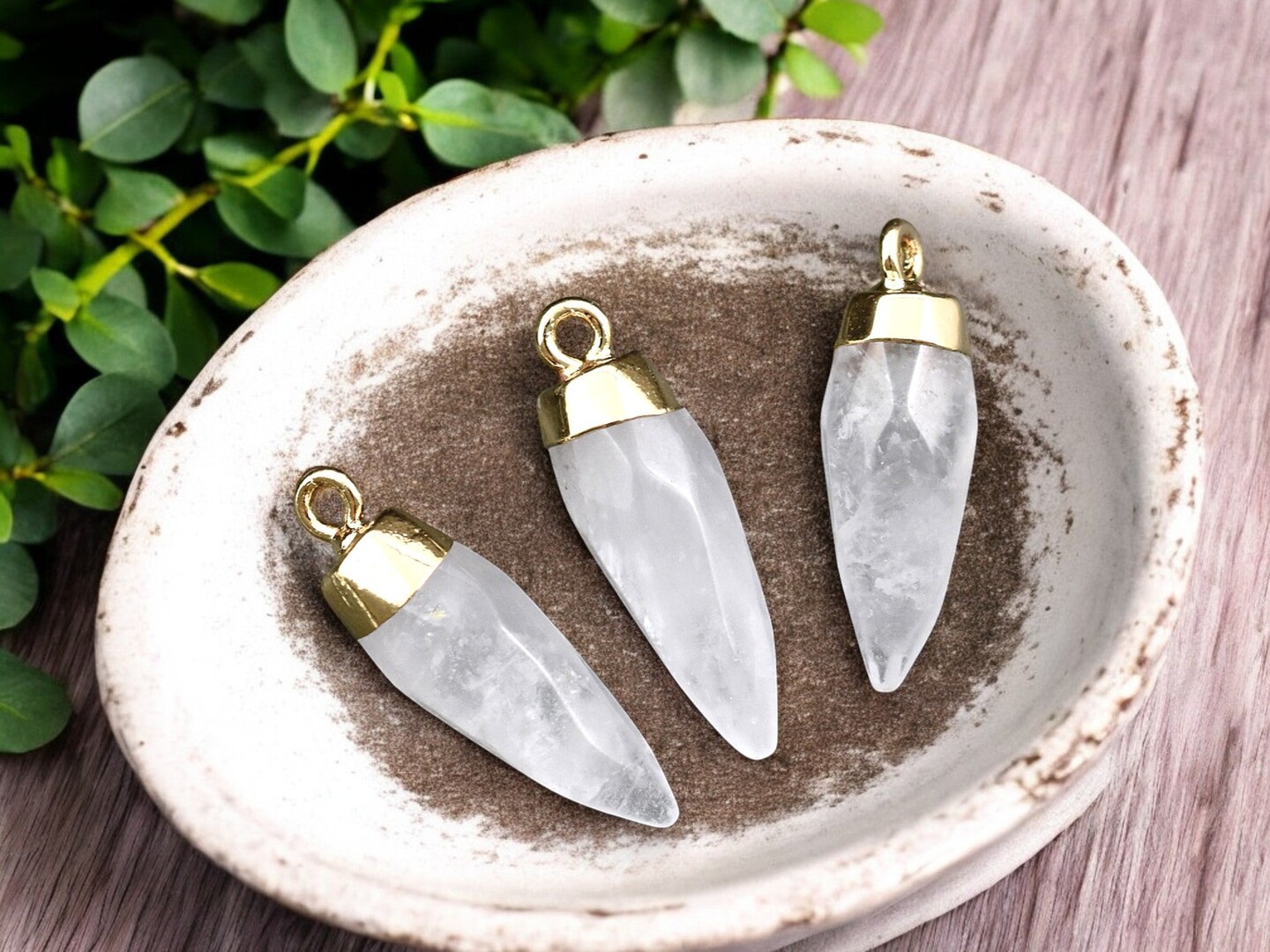 25-26mm Gold Tone Natural Quartz Crystal Pointed Bullet Pendant