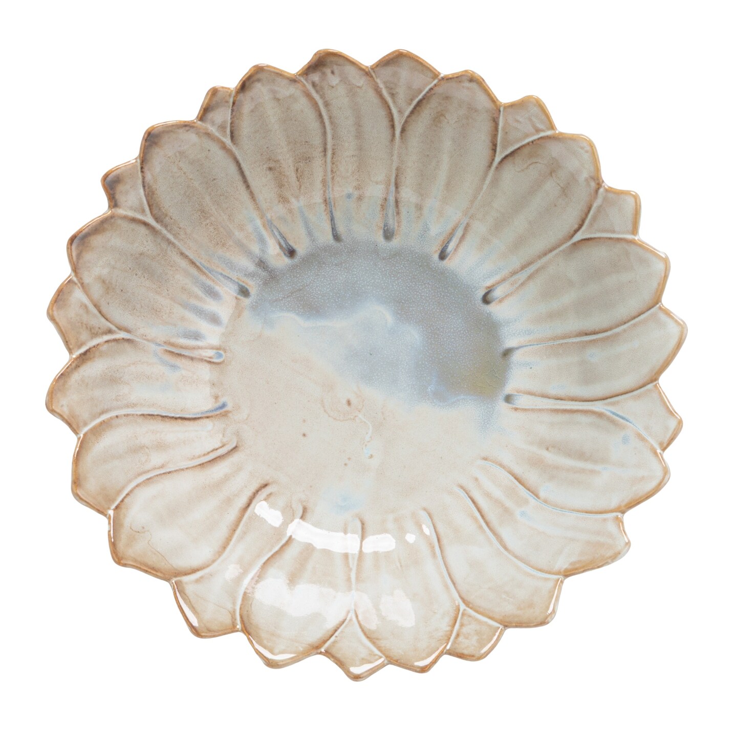 Hello Honey Flower Shaped Stoneware Bowl in Reactive Glaze, White and Blue
