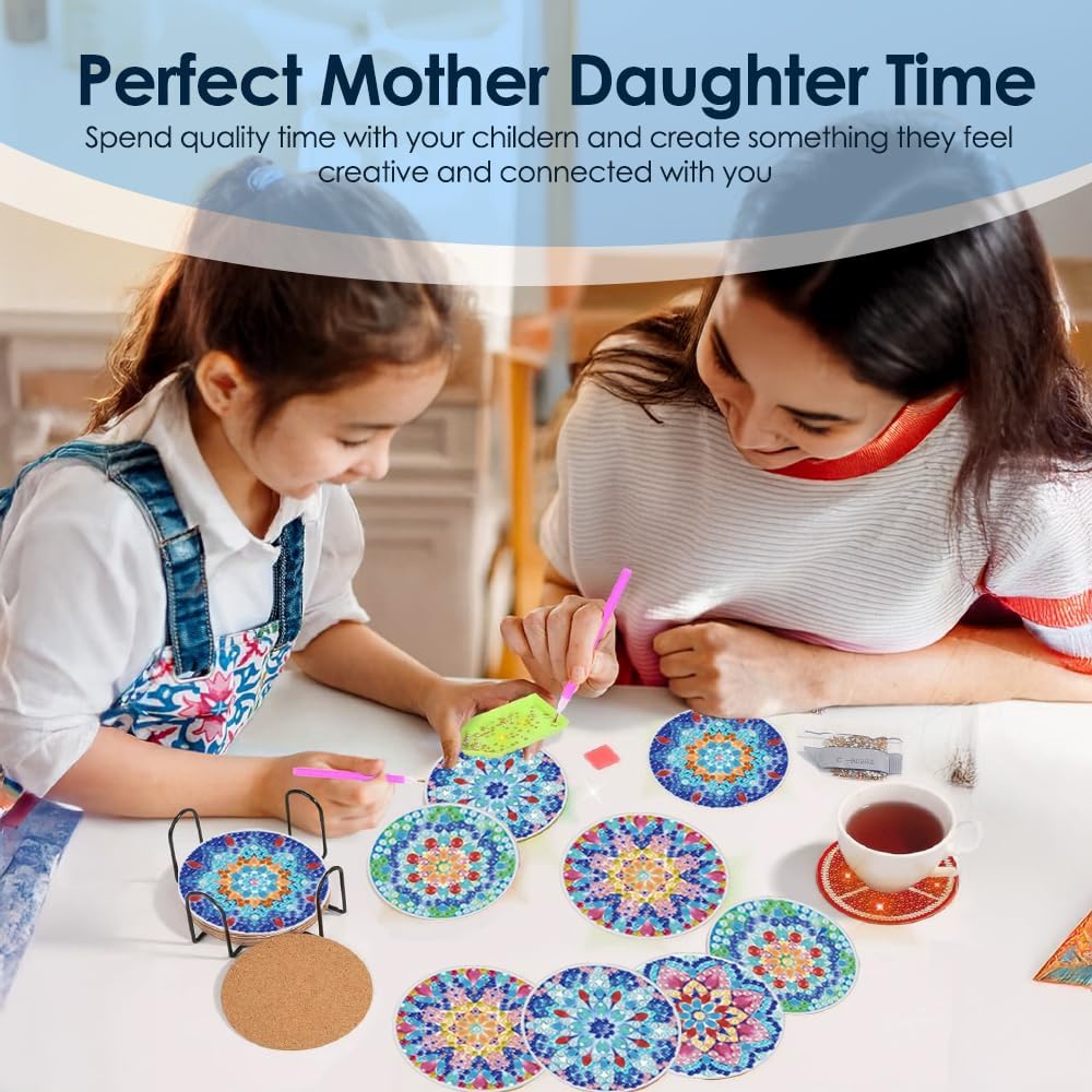 Diamond Art Coasters kit, 6 Pieces with Metal Holder, 4 Inch Round Multicolor Floral Design, Set of 6, Cup Mats for Home Decoration, Winter Gifts, Non-Slip