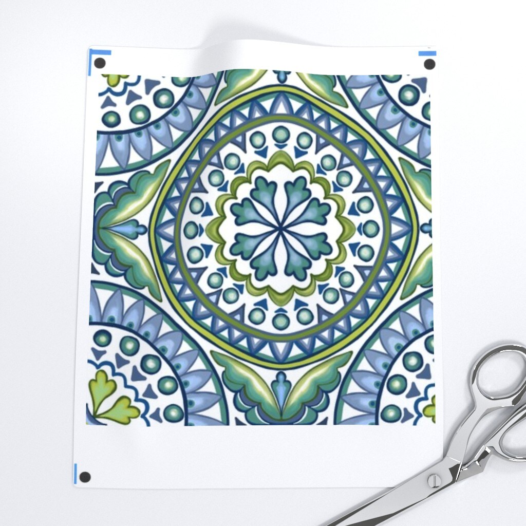 Green Blue Ocean Italian Italy Tile Sicily Sicilian Rosette Mandalas Modern Mosaic Geometric Coastal Large Scale Custom Printed Fabric by Spoonflower Various Fabrics by the Yard or Fat Quarter