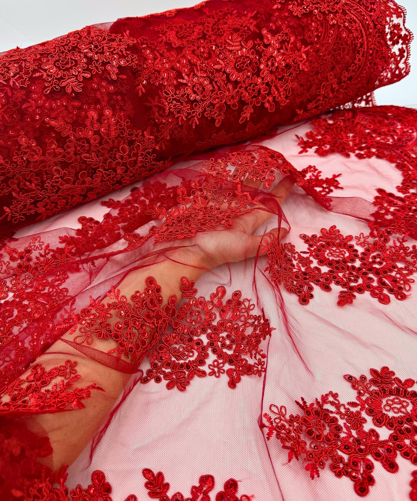 Red Sequin Embroidered Lace Fabric by the Yard, 54" Wide Floral Mesh Lace with Double Scalloped Edges