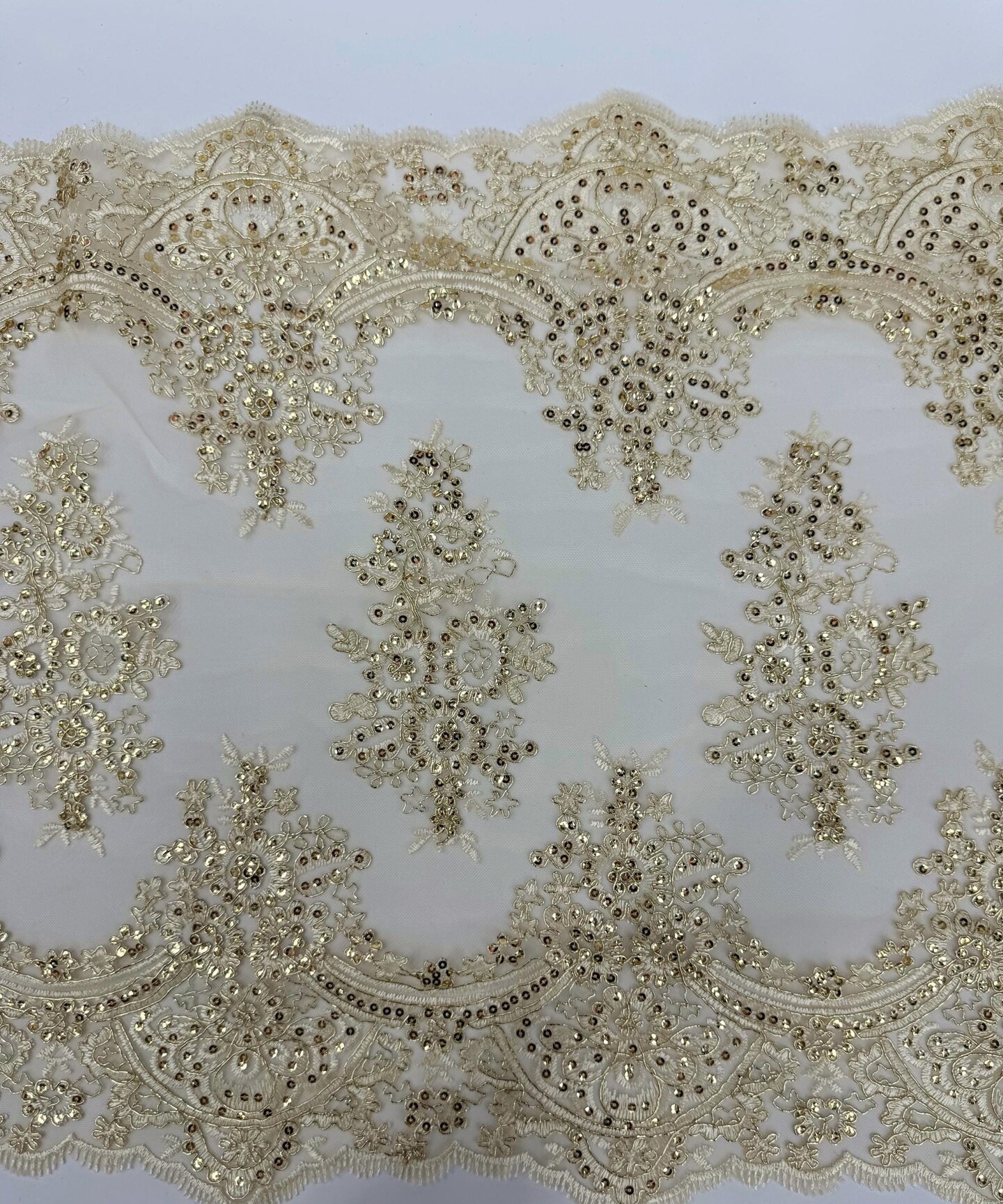 Champagne Embroidered Lace Table Runner by the Yard, 20" Wide Sequin Mesh Lace Trim with Scalloped Edges