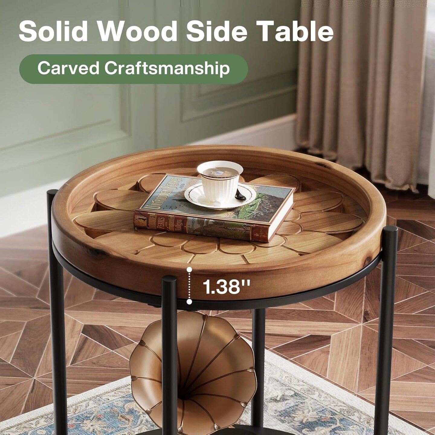Rustic Brown-Black Wood and Metal Round Side Table with 2 Shelves