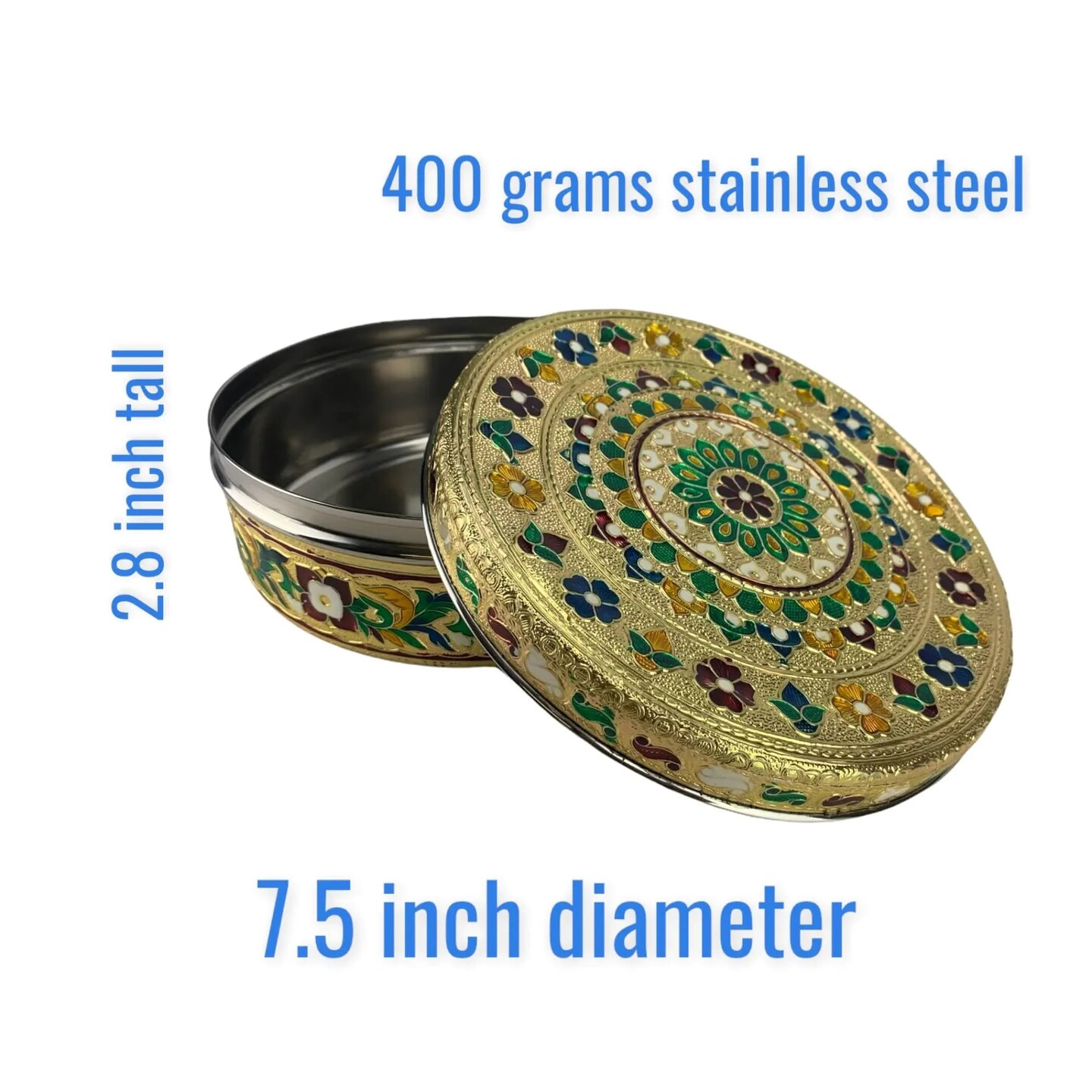 7.5 Inches Decorative Roti Papad Box Stainless Steel Small Sweet Storage Box Meenakari Container Laddu Box Spice Storage Unique Multipurpose Box Gift for Guest