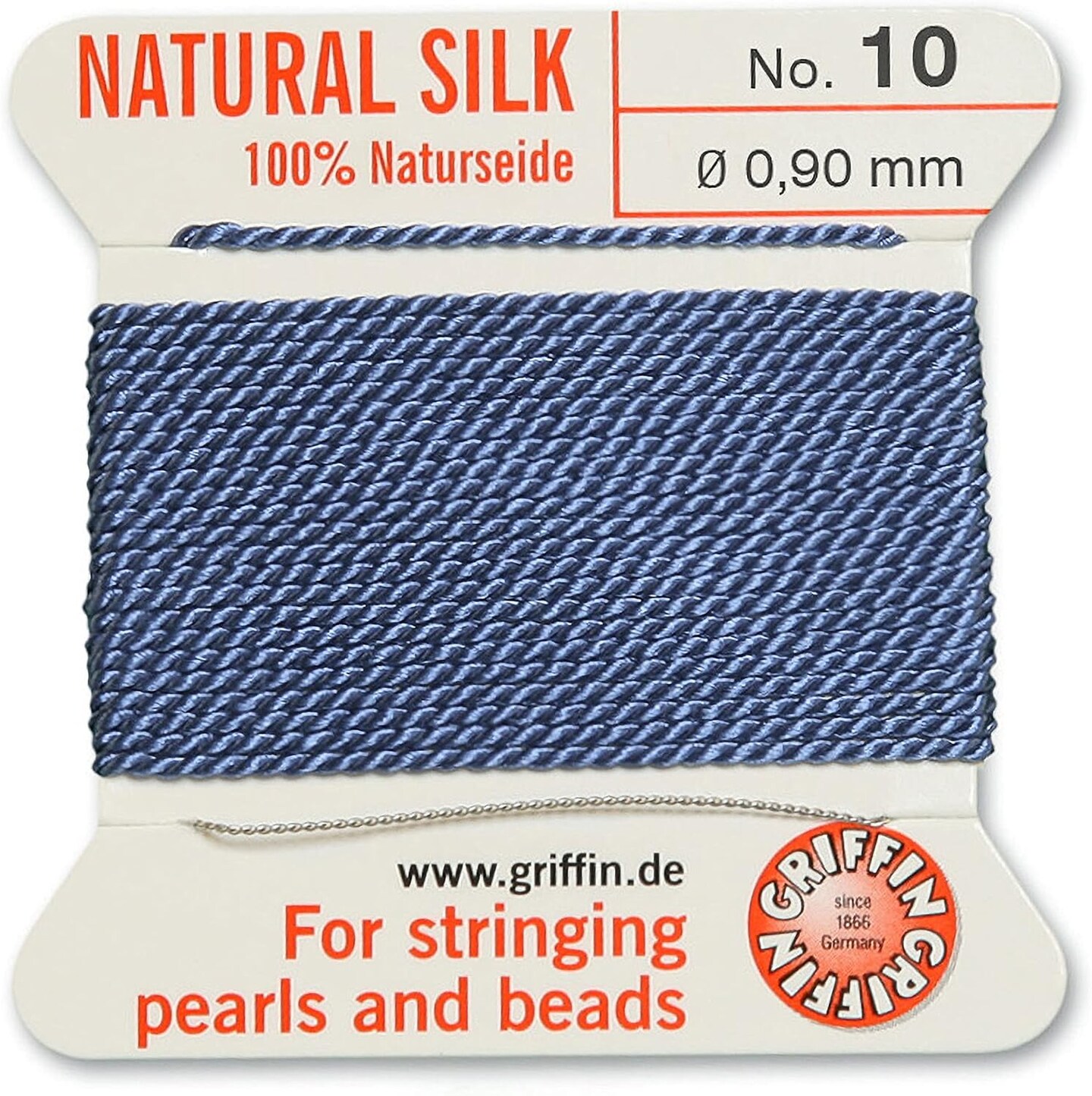 Griffin Silk Bead Cord Perlseide – Size 10 (0.90mm) – 2 Meters per Card – Stainless Steel Needle Attached – for Knotting Pearls, Gemstones, Crystals and Beads