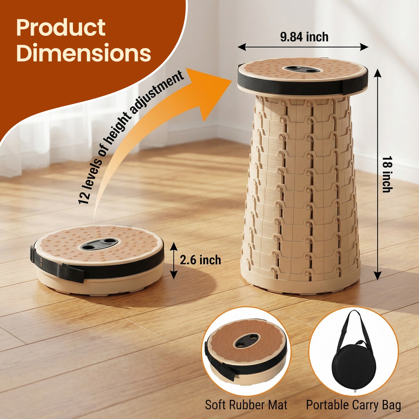 Gardenised Collapsible Stool, Telescopic Adjustable Round Seat for Picnic Camping Fishing Hiking Travel and Outdoor Events with Compact Cylindrical Extendable Design