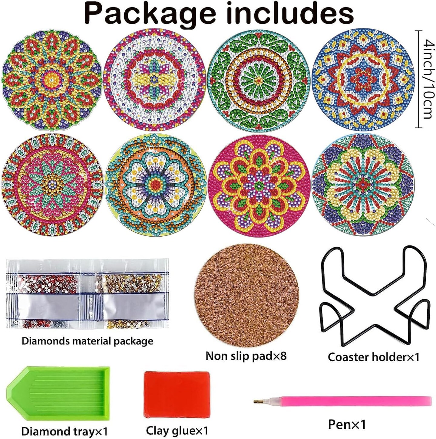 Pieces Diamond Painting Coasters Kit with Holder, Diamond Art Coasters, DIY Art Crafts Projects, Diamond Dot Kits for Adults and Beginners (Mandala)