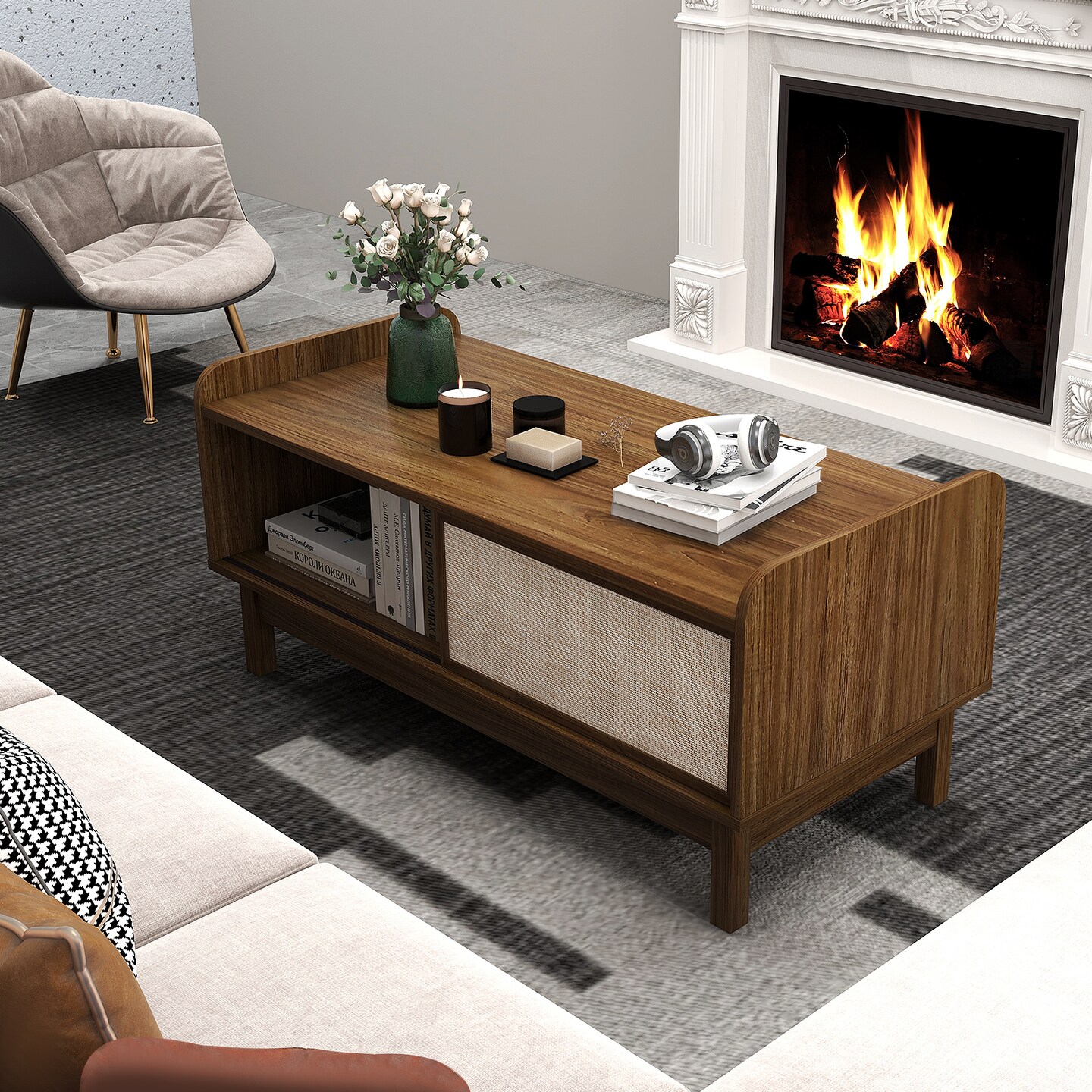 Mid-Century Coffee Table with Sliding Weave Door, Storage & Adjustable Shelf