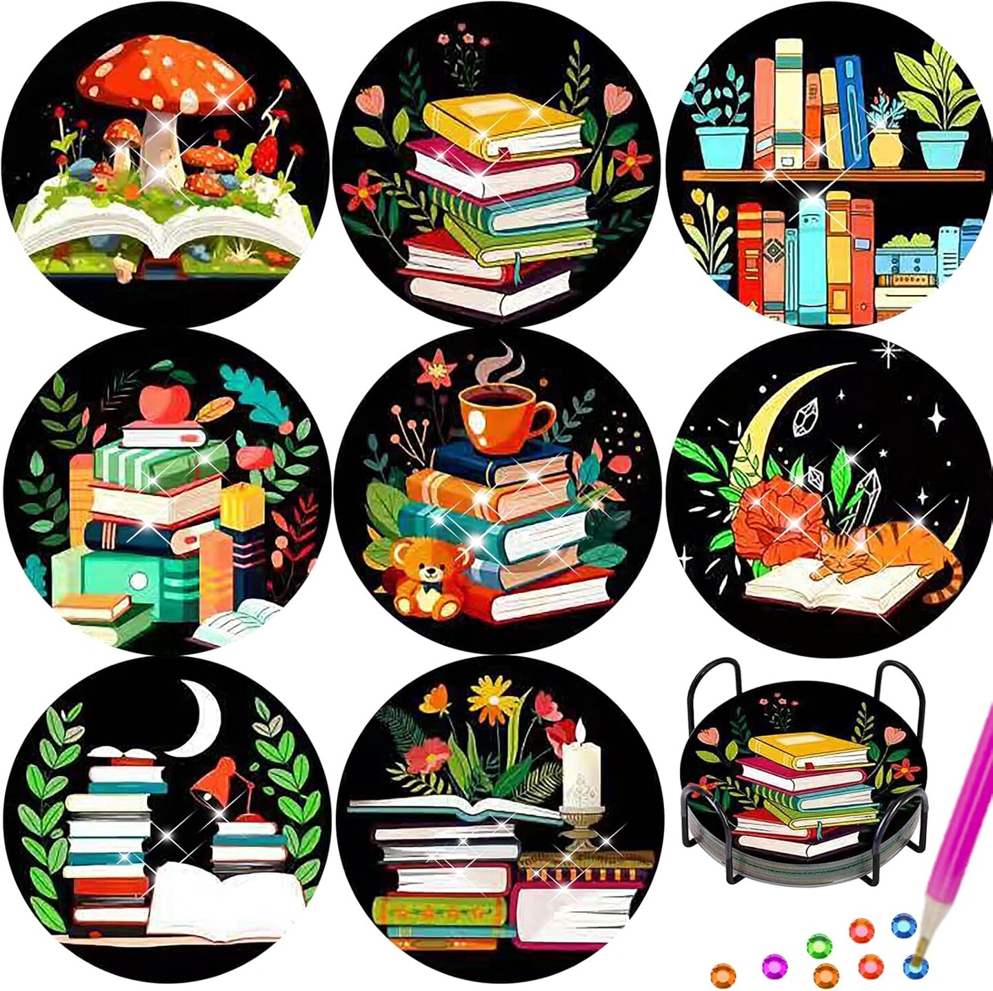 Diamond Art Coasters 8 Pcs Colorful Book Diamond Painting Coasters Kit DIY Arts and Crafts for Adults Beginners New Year 2026 Gift for Men Women