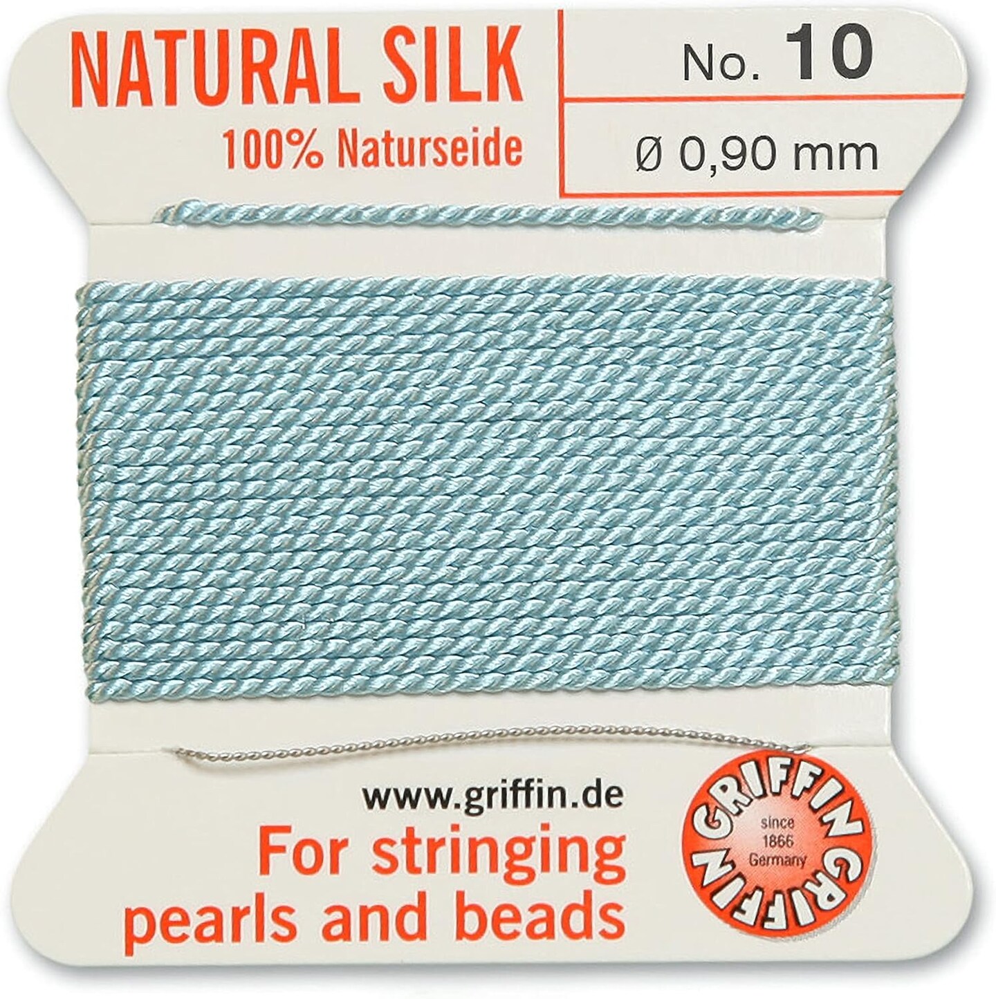 Griffin Silk Bead Cord Perlseide – Size 10 (0.90mm) – 2 Meters per Card – Stainless Steel Needle Attached – for Knotting Pearls, Gemstones, Crystals and Beads