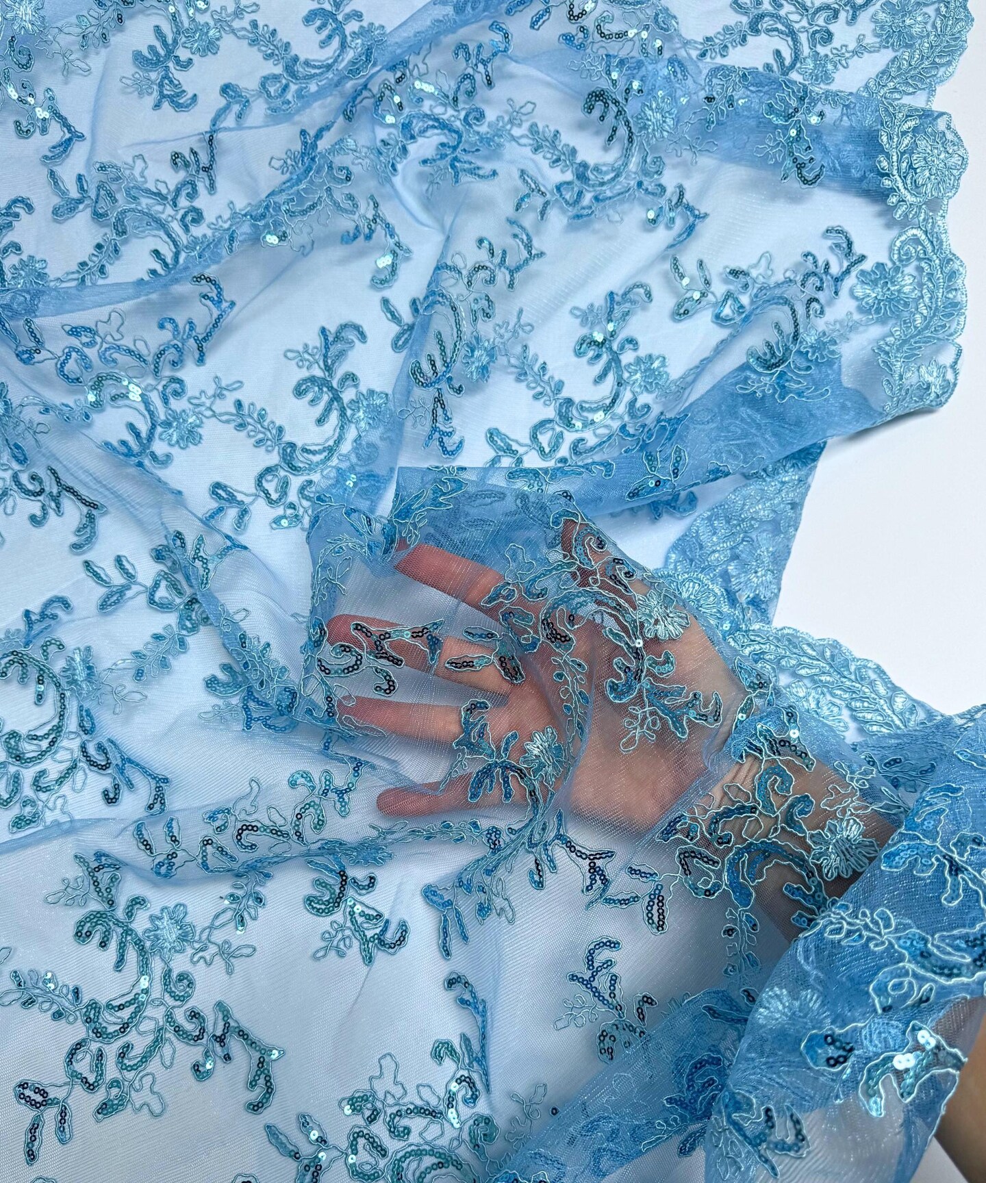 Baby Blue Sequin Embroidered Lace Fabric by the Yard, 54" Wide Floral Mesh Lace with Double Scalloped Edges