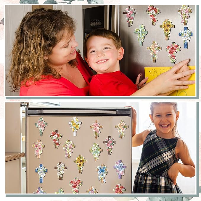 30 Pcs Easter Cross Diamond Art Kits Magnetic Religious Christians Diamond Painting Magnets Kits Crystal Cross Jesus 5d DIY Art Fridge Magnet Refrigerator Sticker for Adult Beginners Home Car Garage