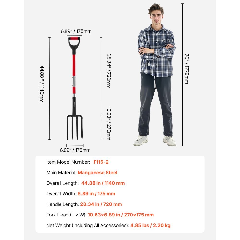 Digging Fork 44.88 in Garden Compost Fork Manganese Steel Fiberglass Handle