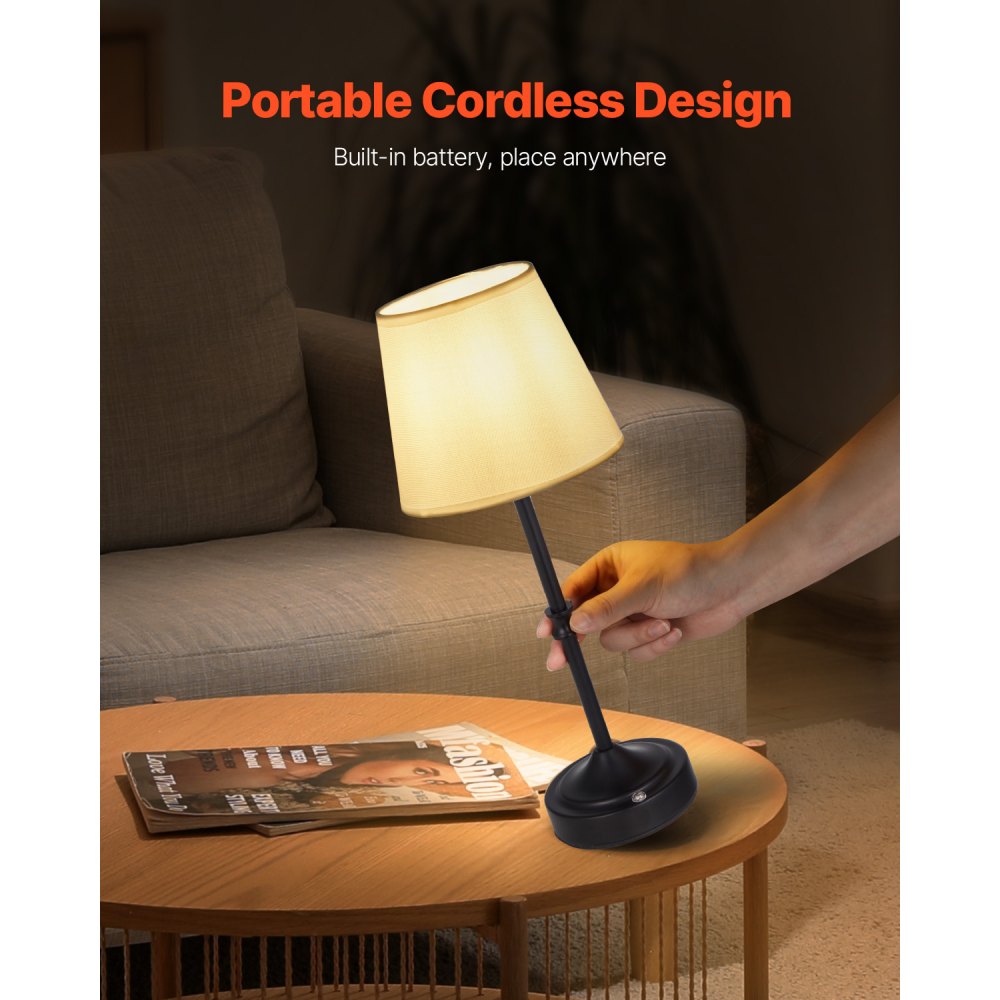 Cordless Table Lamp Rechargeable 5200mAh Desk Lamp 3-Level Brightness Fabric Shade