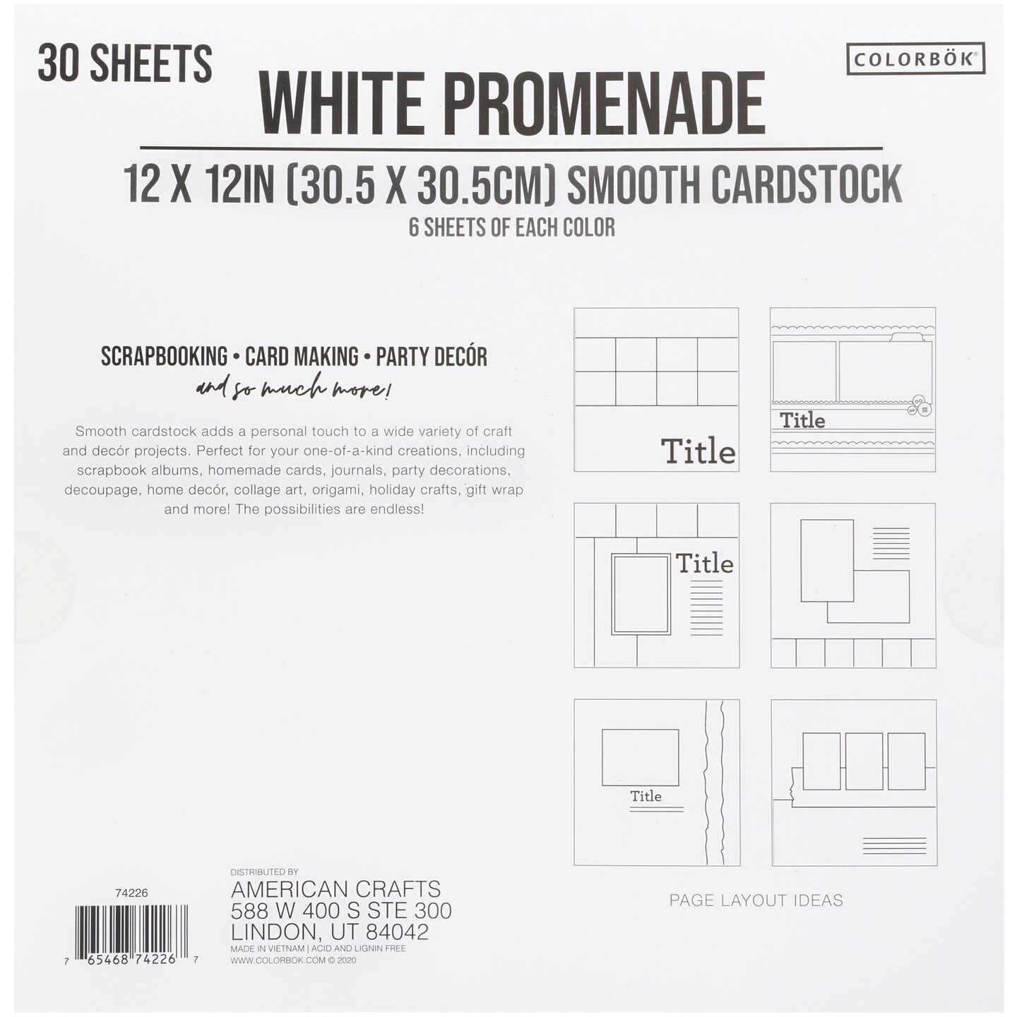 Colorbok 78lb Smooth Cardstock 12"X12" 30/Pkg-White Promenade, 5 Colors/6 Each