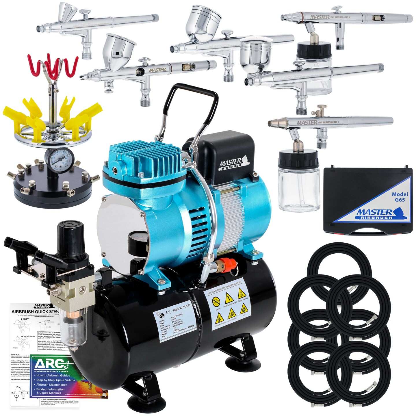 6 Master Model G22, G34 & G44 Gravity Feed, S62 & S68 Siphon Feed, S68 Side Feed Airbrushes with Air Compressor with Air Storage Tank